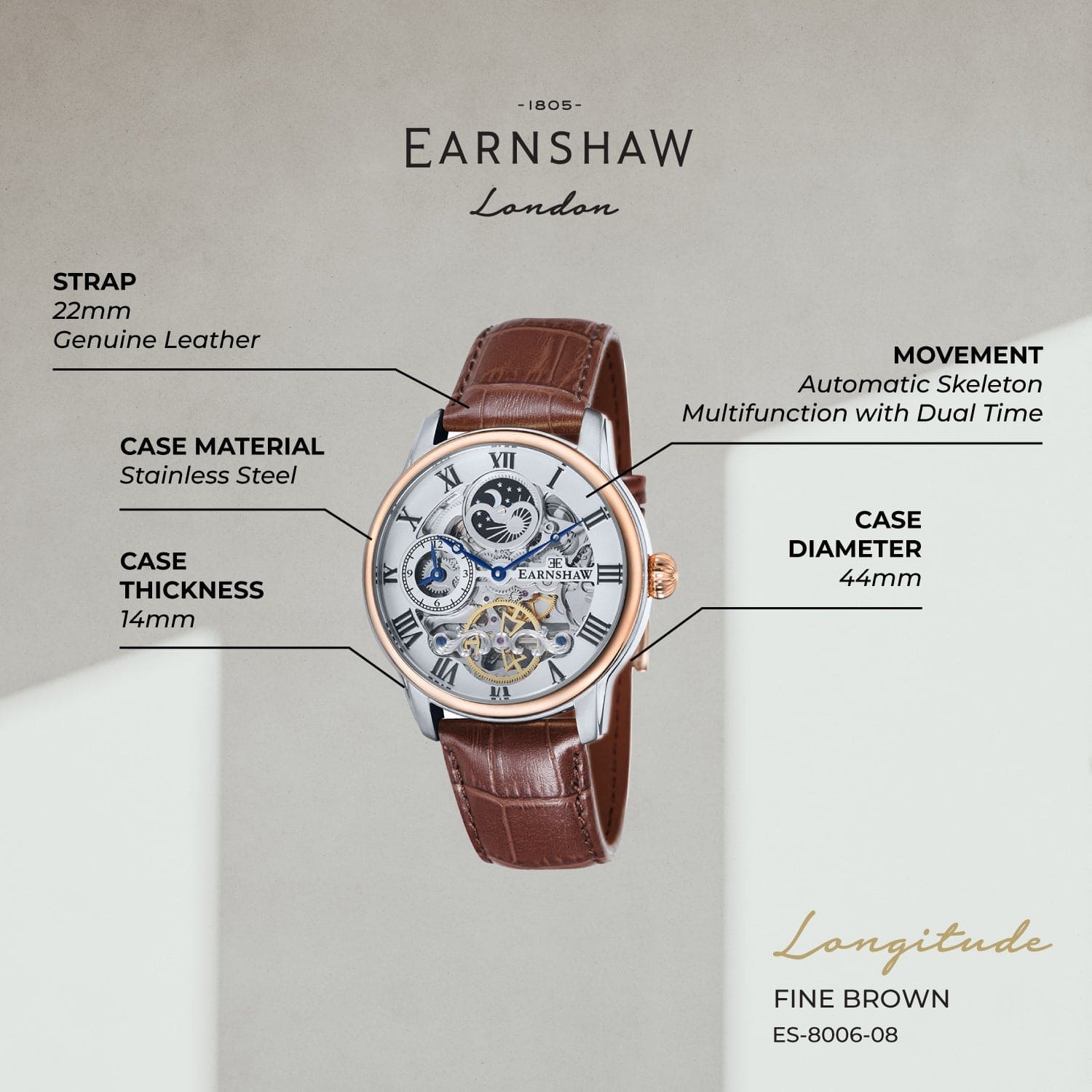 Earnshaw Longitude Moonphase Men's Watch -  ES-8006-08
