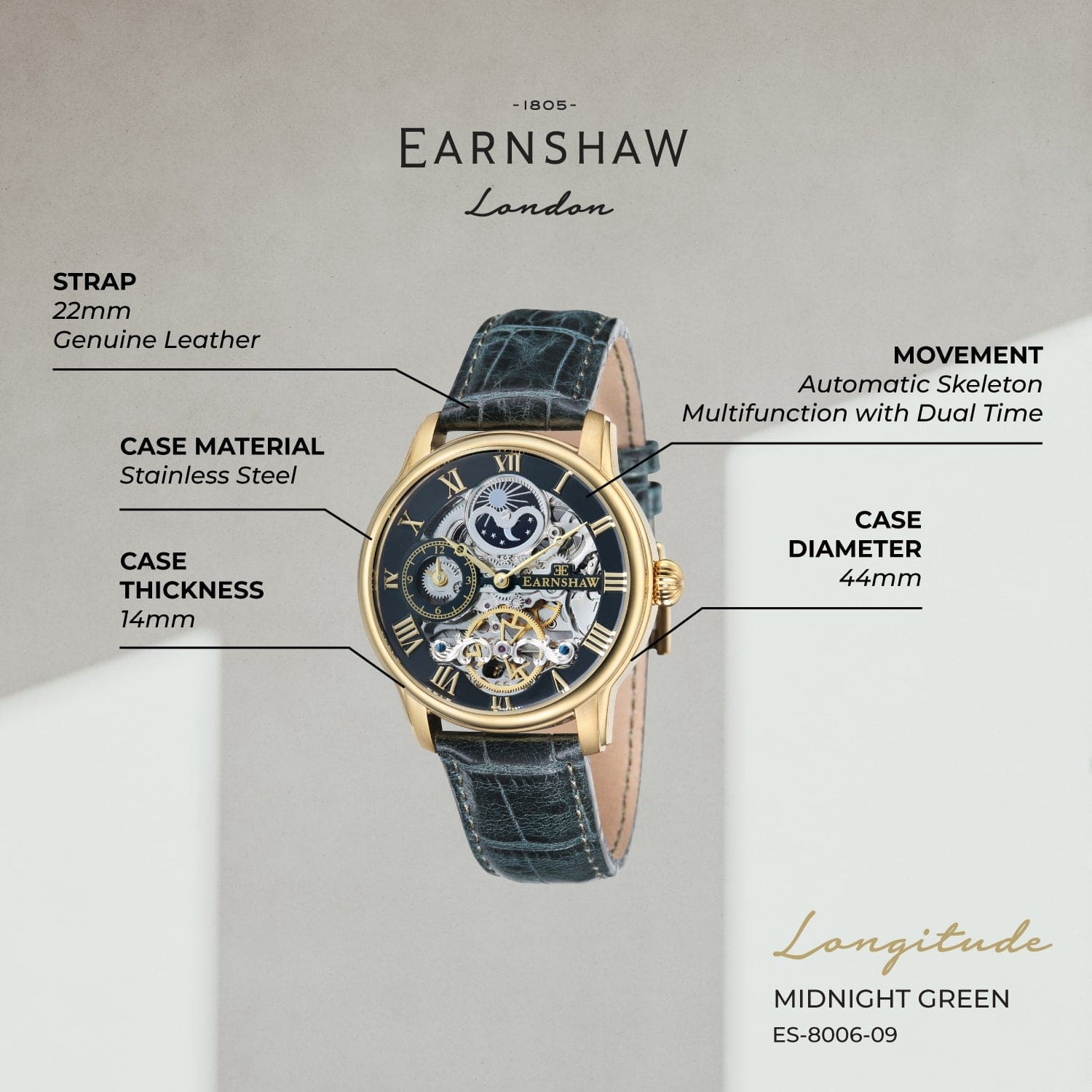 Earnshaw Longitude Dual Time Men's Watch -  ES-8006-09