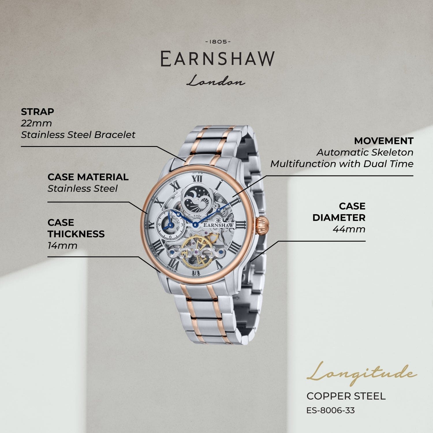 Earnshaw Longitude Dual Time Men's Watch -  ES-8006-33