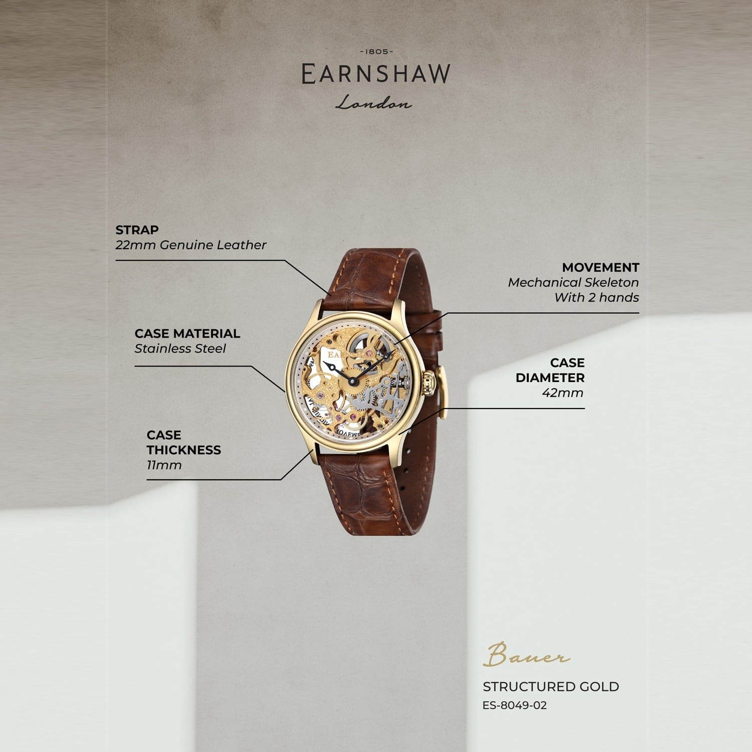 Earnshaw Bauer Mechanical Skeleton Mechanical Automatic Men's Watch -  ES-8049-02