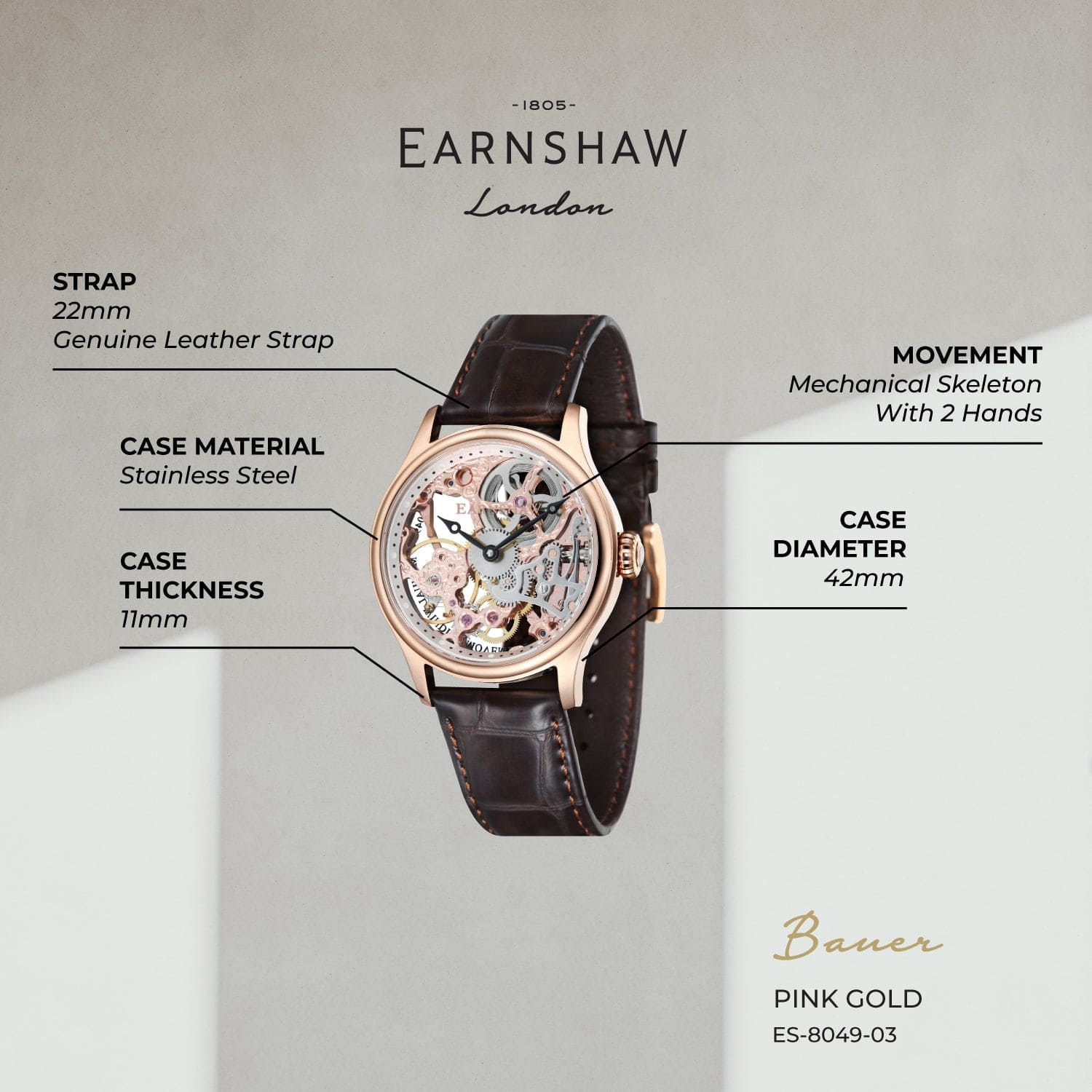 Earnshaw Bauer Mechanical Skeleton Mechanical Automatic Men's Watch -  ES-8049-03