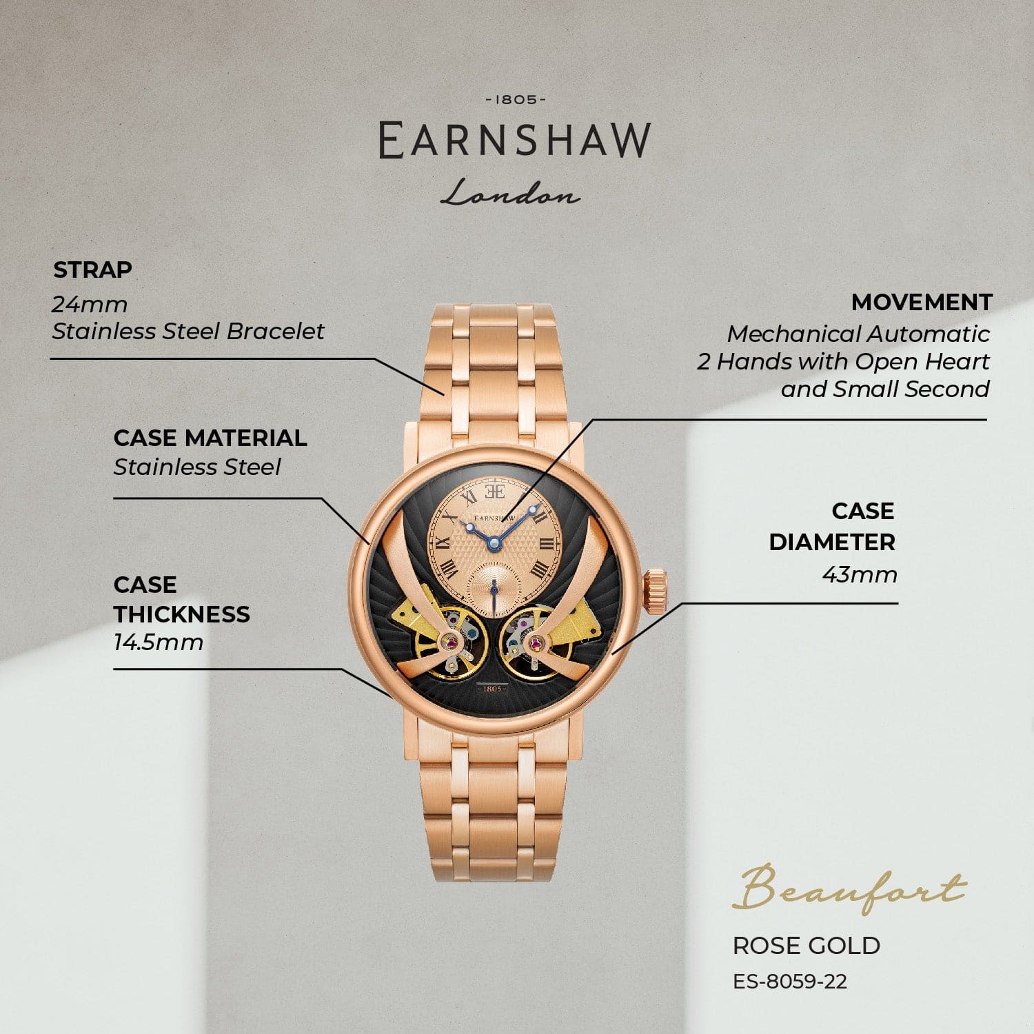 Earnshaw Beaufort Automatic 40 Jewels Men's Watch -  ES-8059-22