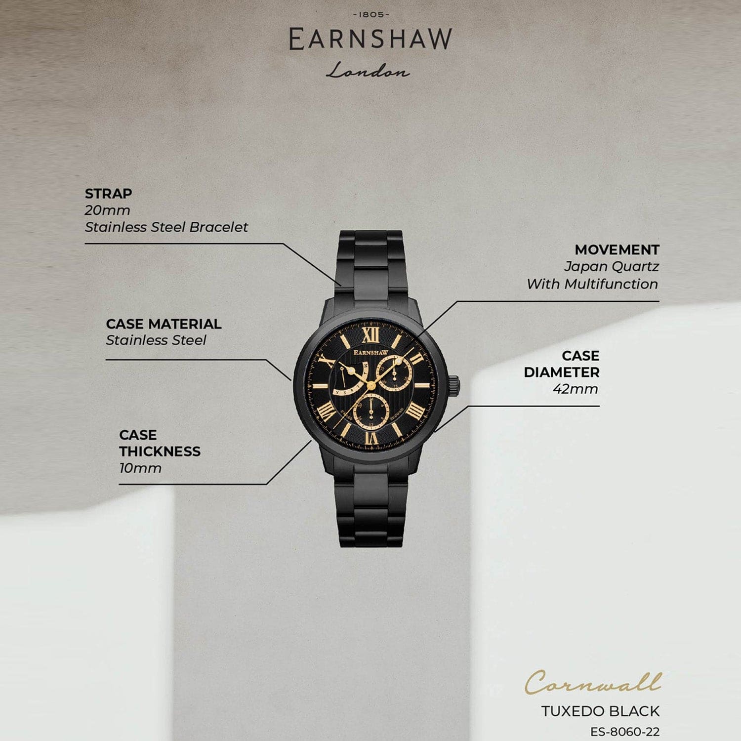 Earnshaw Cornwall Retrograde Multifunction Men's Watch -  ES-8060-22