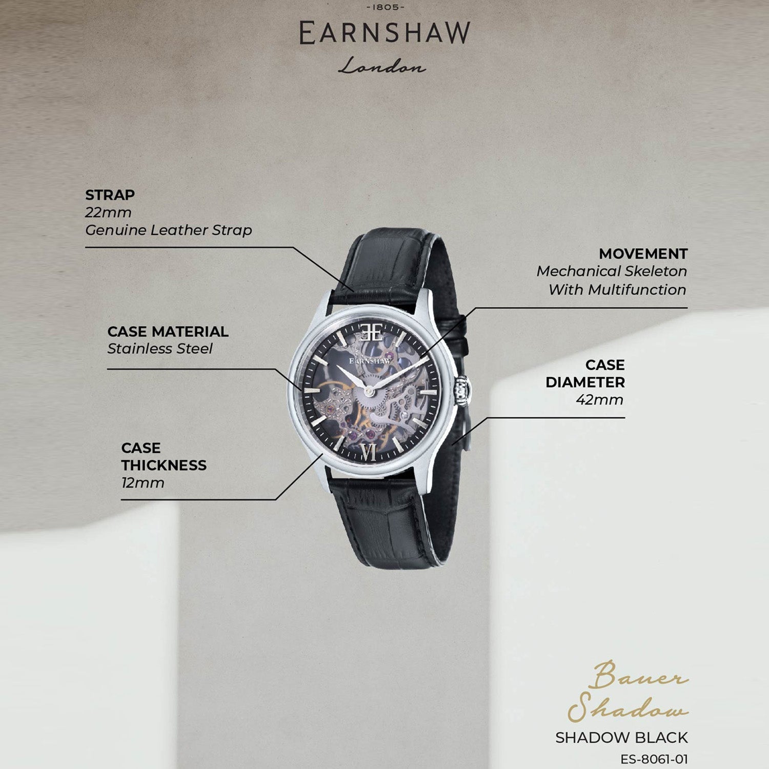 Earnshaw Bauer Shadow Mechanical Automatic Men's Watch -  ES-8061-01