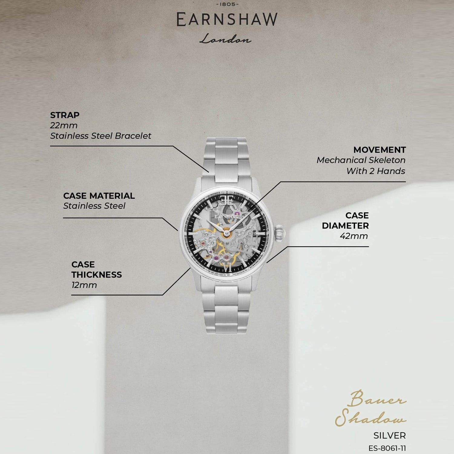 Earnshaw Mechanical Skeleton 17 Jewels Men's Watch - ES-8061-11