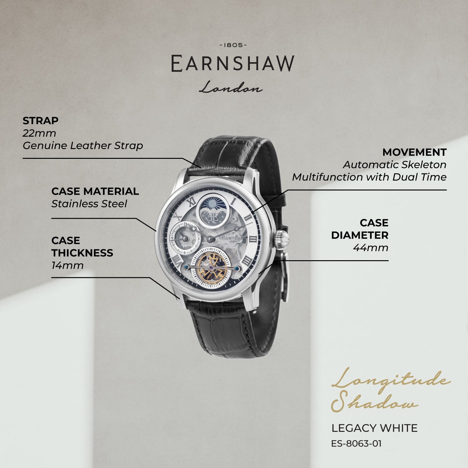 Earnshaw Automatic Skeleton Dual Time Men's Watch - ES-8063-01