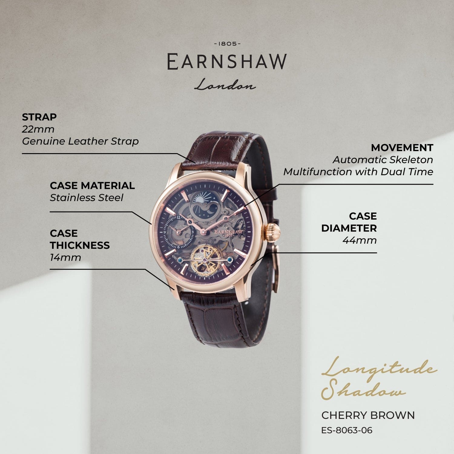 Earnshaw Longitude Shadow Dual Time Men's Watch -  ES-8063-06