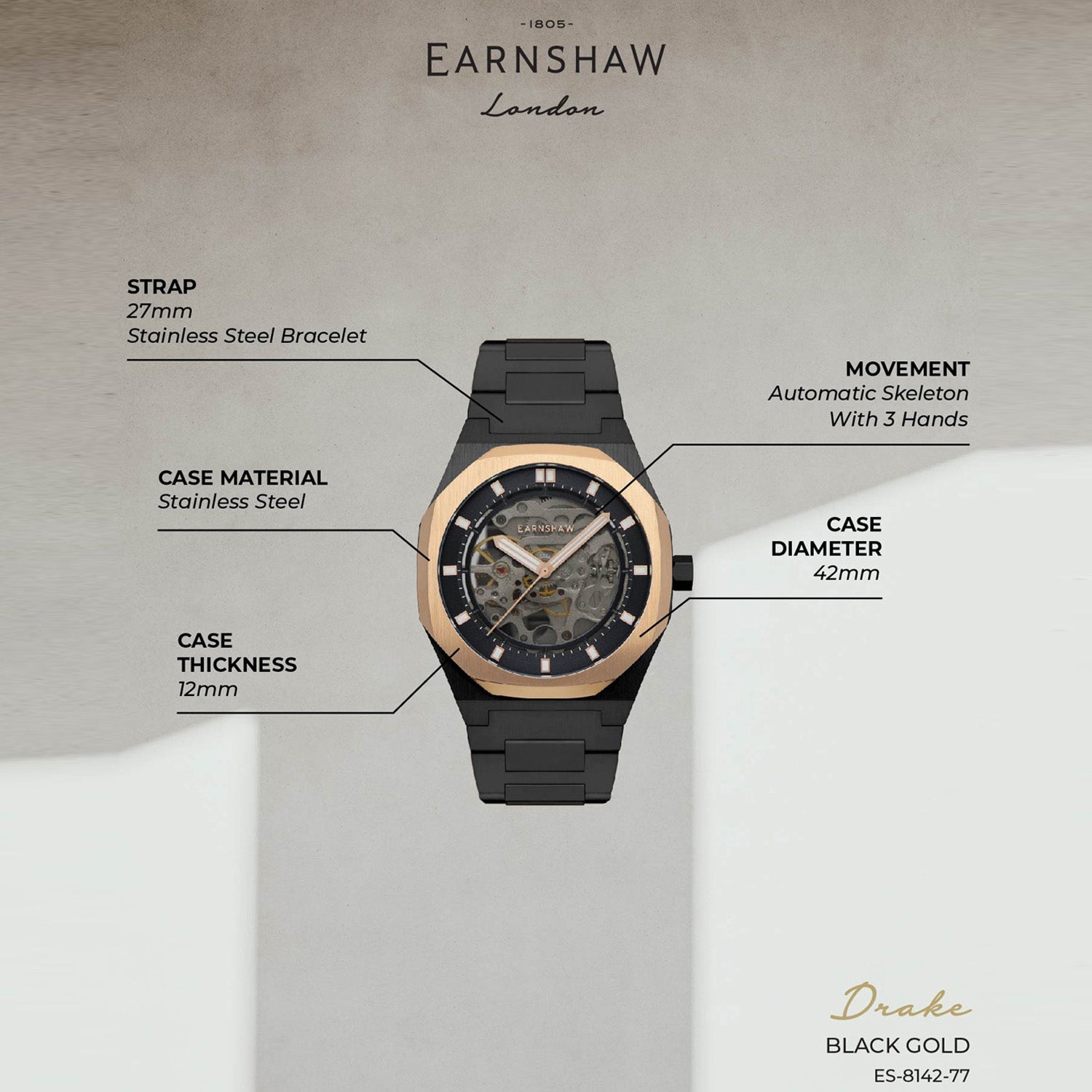 Earnshaw Drake Skeleton Automatic Men's Watch -  ES-8142-77