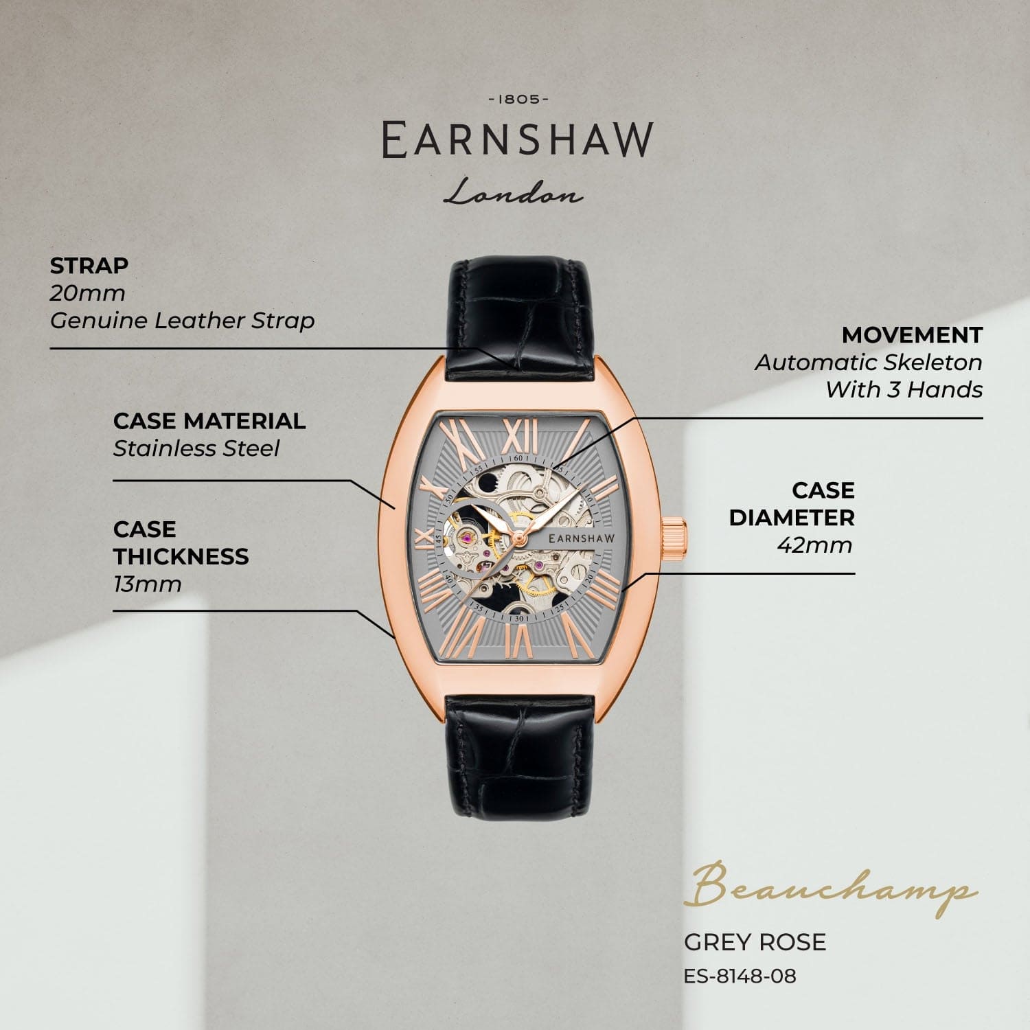 Earnshaw Beauchamp Automatic Skeleton Men's Watch -  ES-8148-08