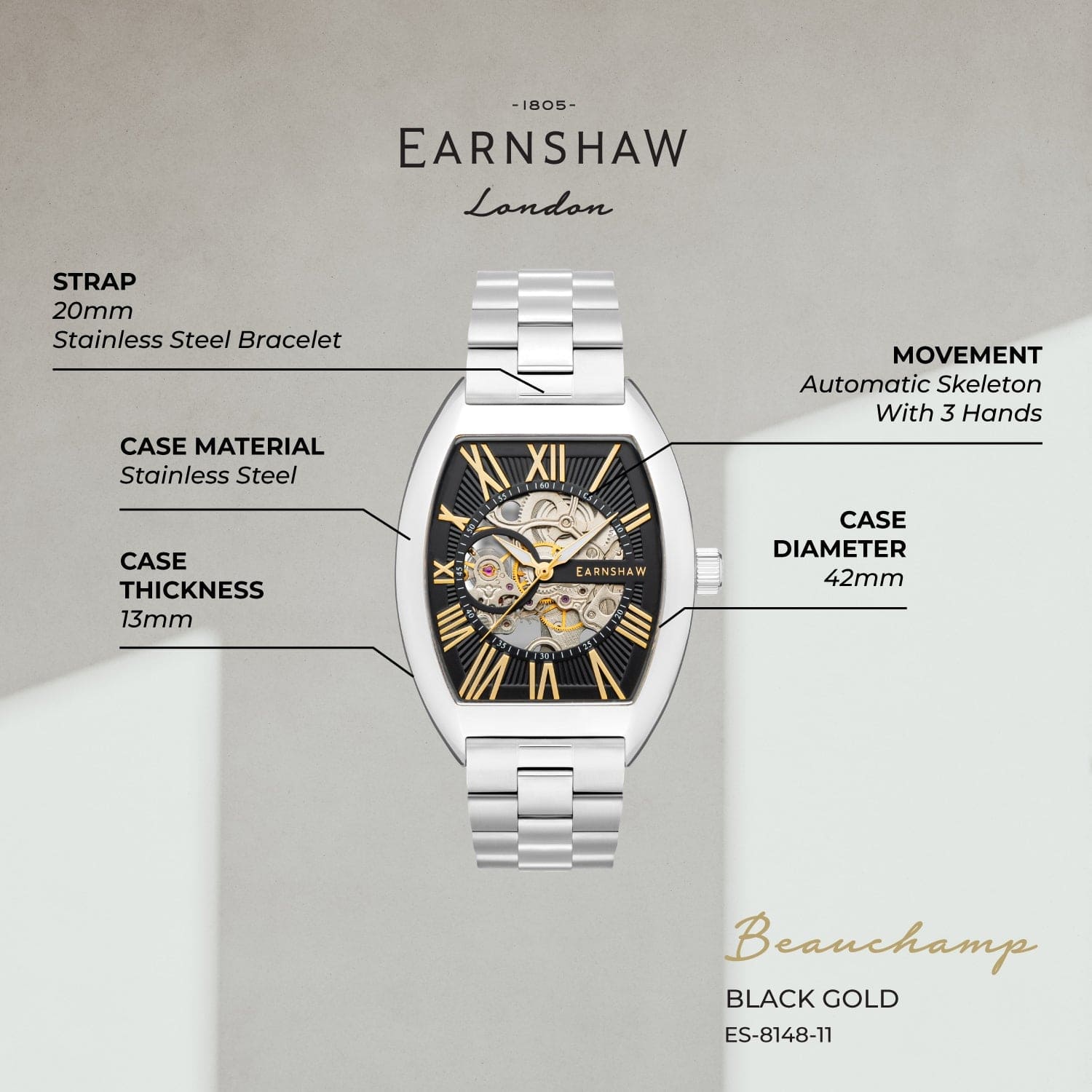 Earnshaw Beauchamp Automatic Skeleton Men's Watch -  ES-8148-11