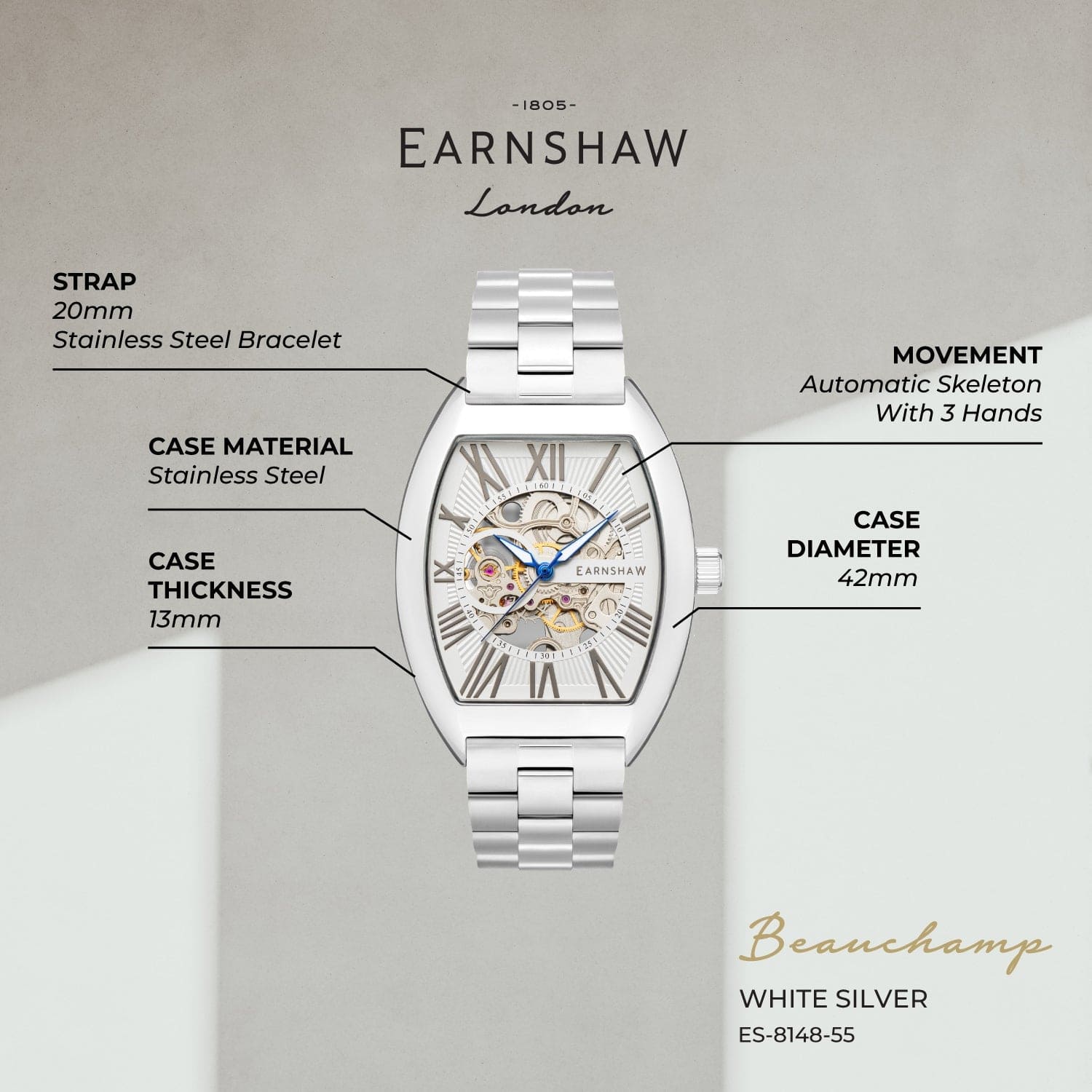 Earnshaw Beauchamp Automatic Skeleton Men's Watch -  ES-8148-55