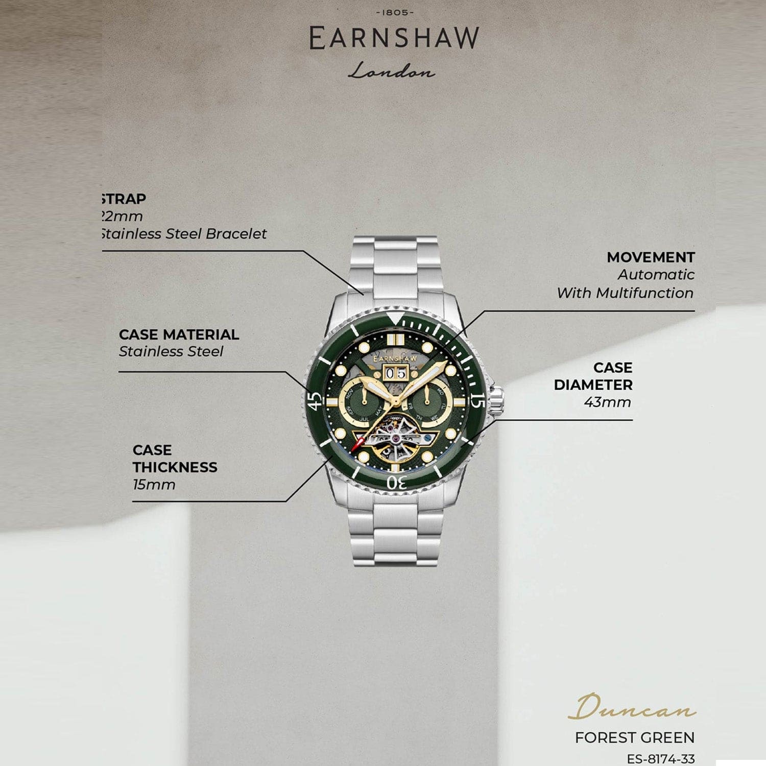 Earnshaw Duncan Grand Date Open Heart  Multifunction Men's Watch -  ES-8174-33