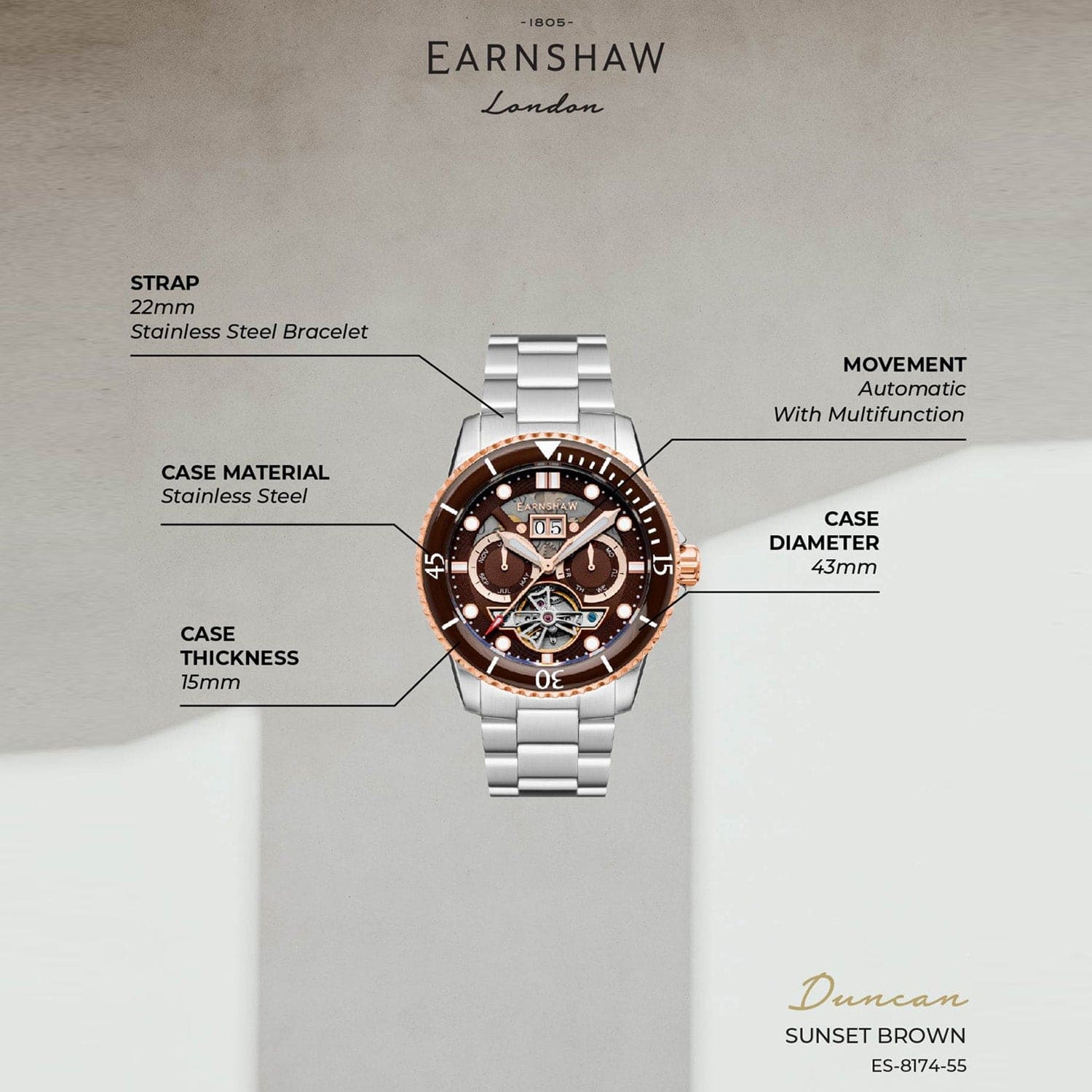 Earnshaw Duncan Grand Date Open Heart  Multifunction Men's Watch -  ES-8174-55