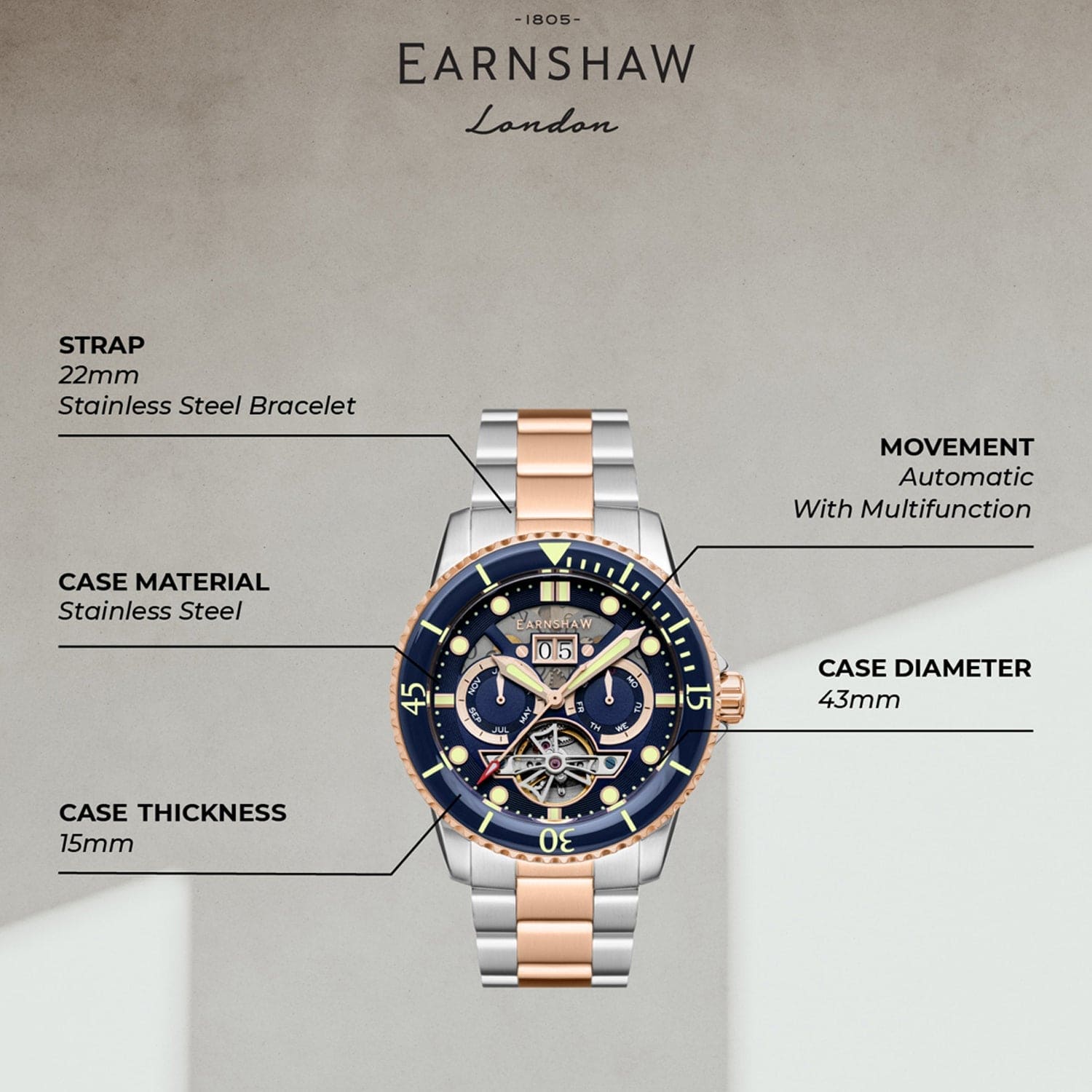 Earnshaw Duncan Grand Date Open Heart  Multifunction Men's Watch -  ES-8174-BB