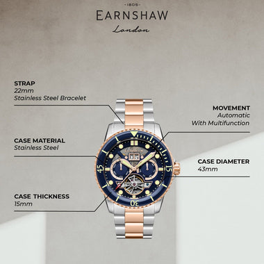 Earnshaw Duncan Grand Date Open Heart  Multifunction Men's Watch -  ES-8174-BB