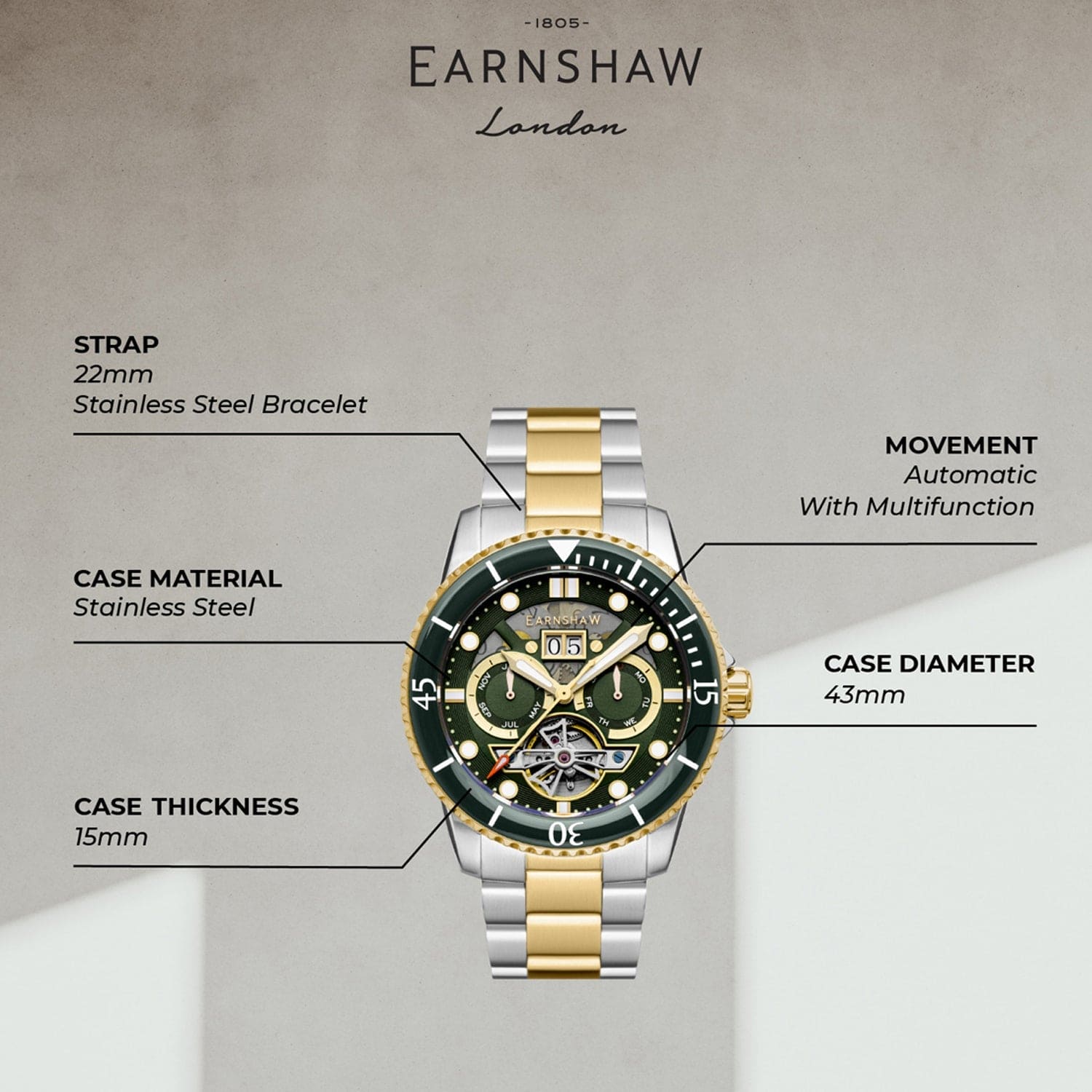 Earnshaw Duncan Grand Date Open Heart  Multifunction Men's Watch -  ES-8174-CC