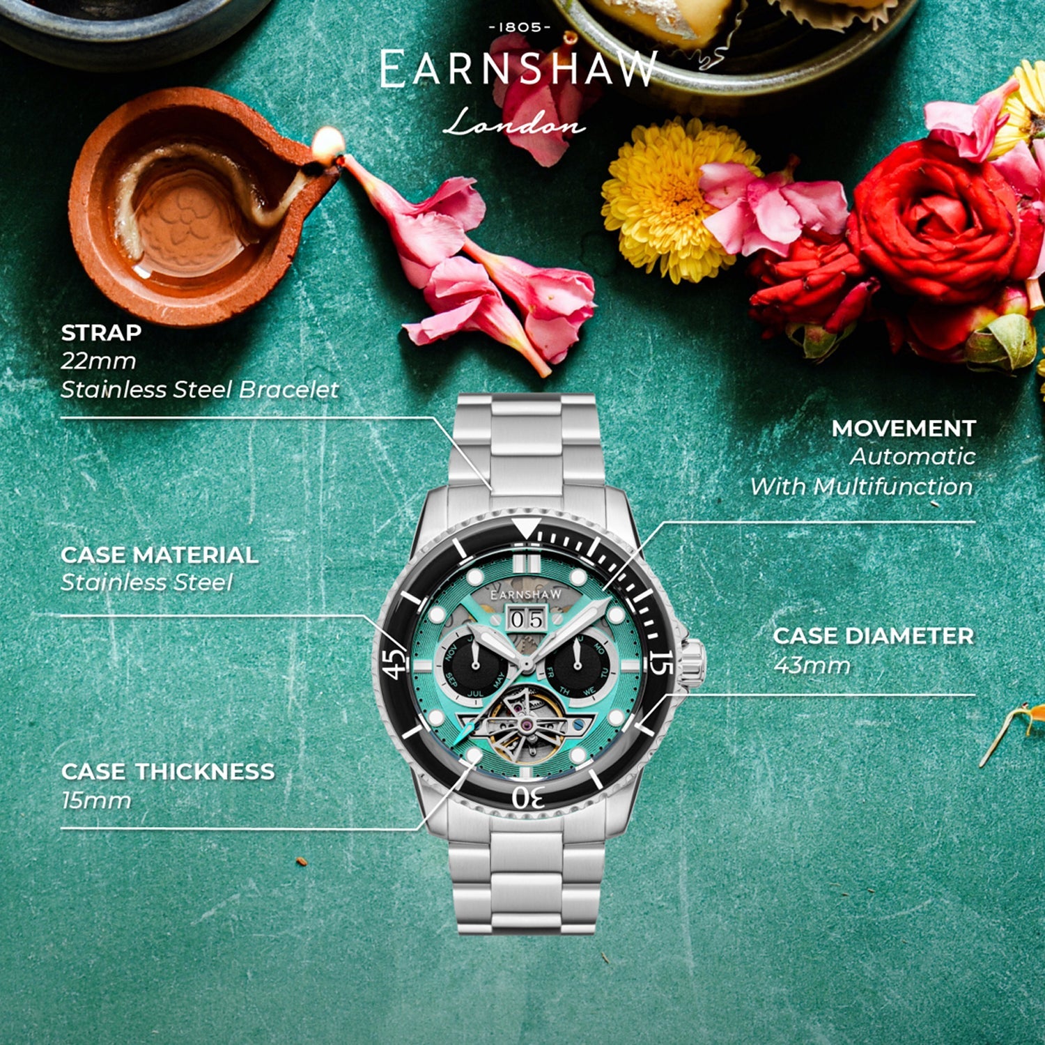 Earnshaw Duncan Grand Date Open Heart Diwali Multifunction Men's Watch -  ES-8174-DD