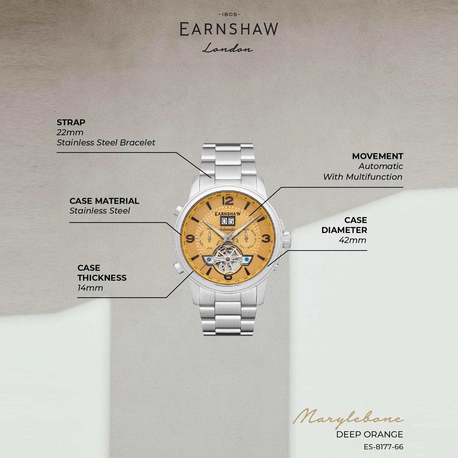 Earnshaw Marylebone Grand Date Open Heart Multifunction Men's Watch -  ES-8177-66