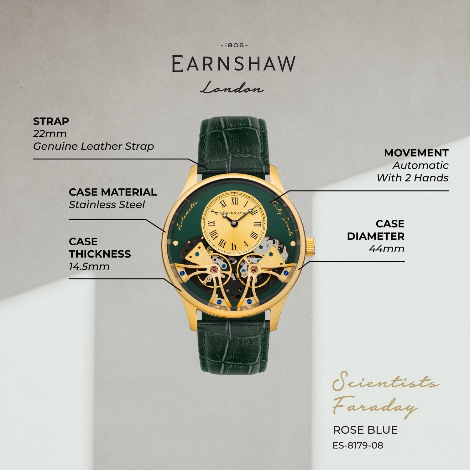 Earnshaw Scientists Faraday Double Barrel Automatic Men's Watch -  ES-8179-08