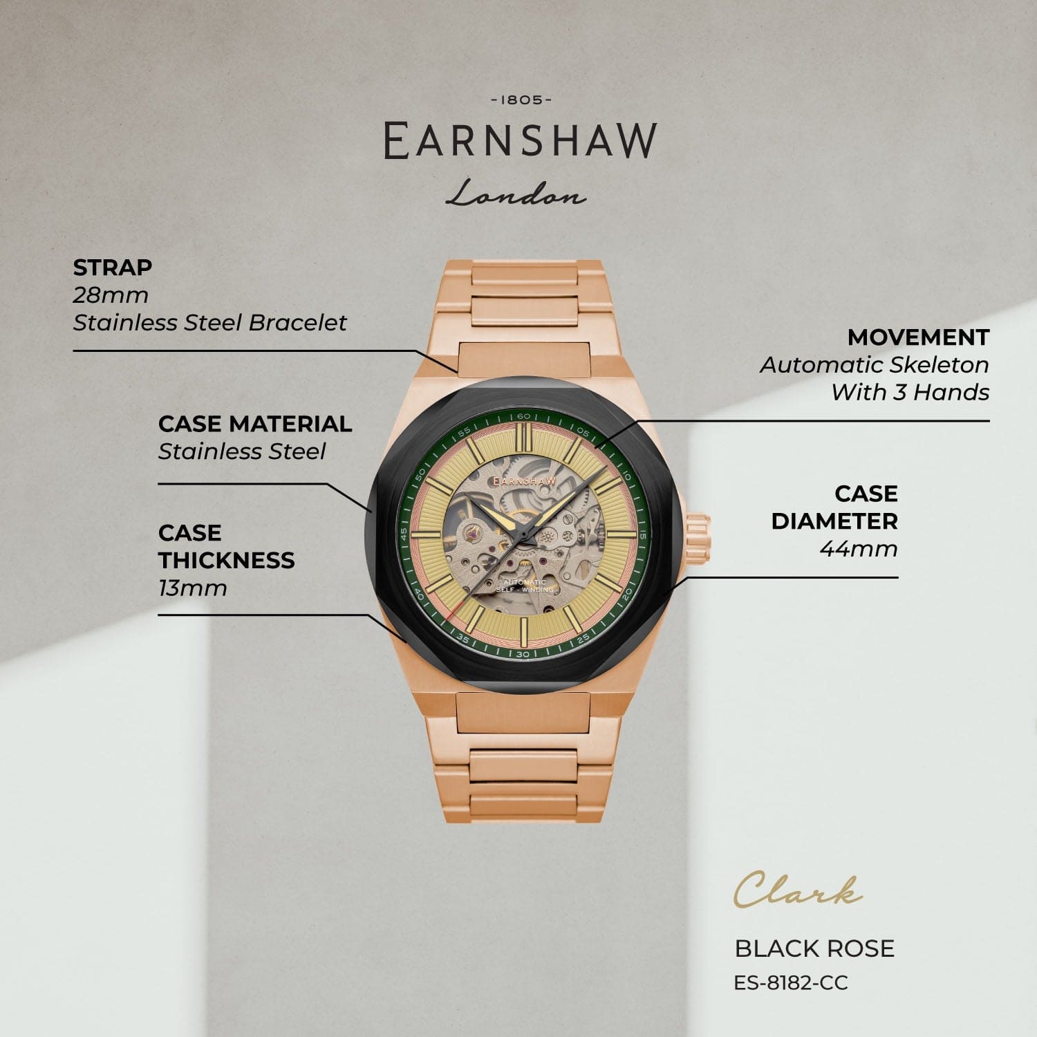 Earnshaw Automatic Skeleton Men's Watch - ES-8182-CC