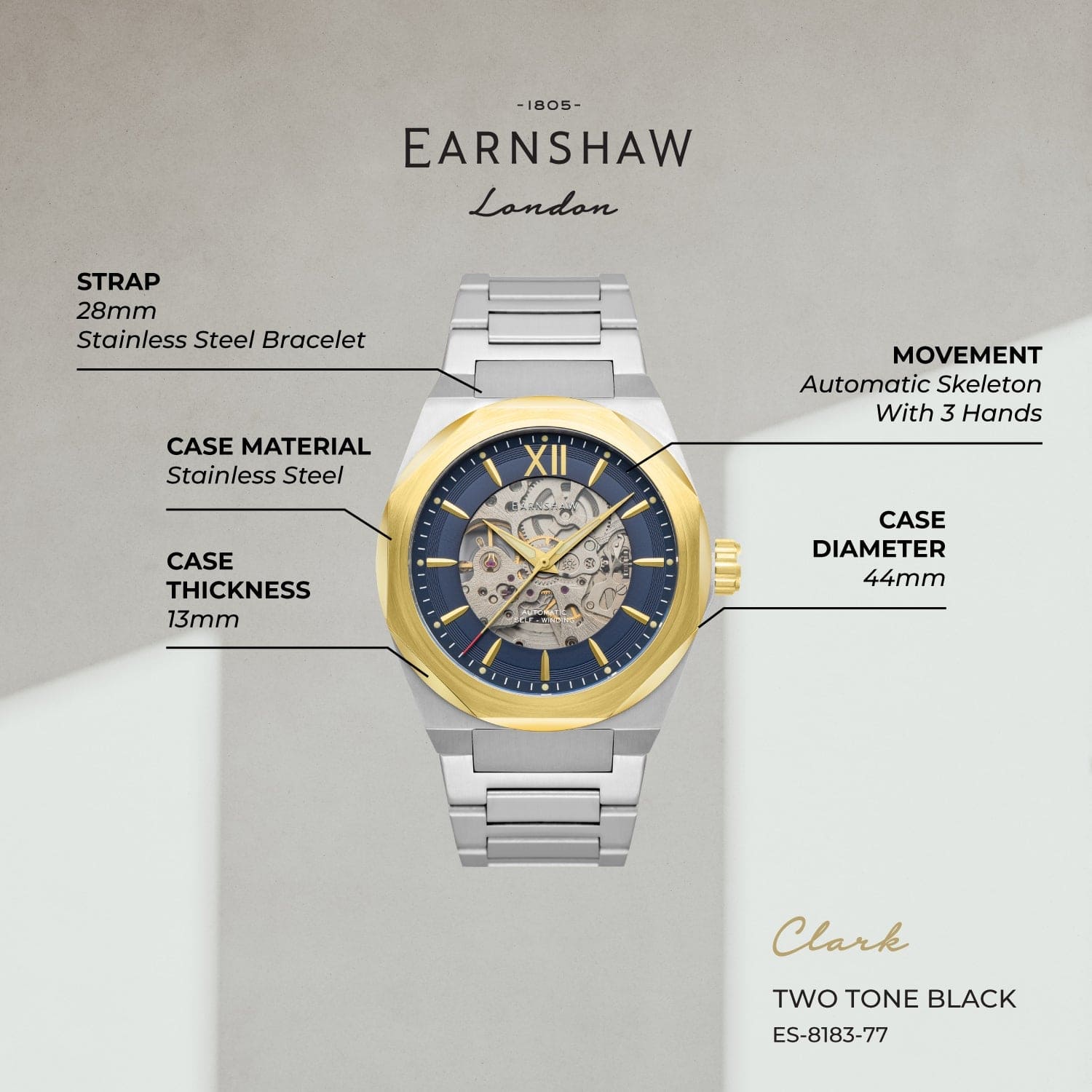 Earnshaw Clark Skeleton Automatic Men's Watch -  ES-8183-77