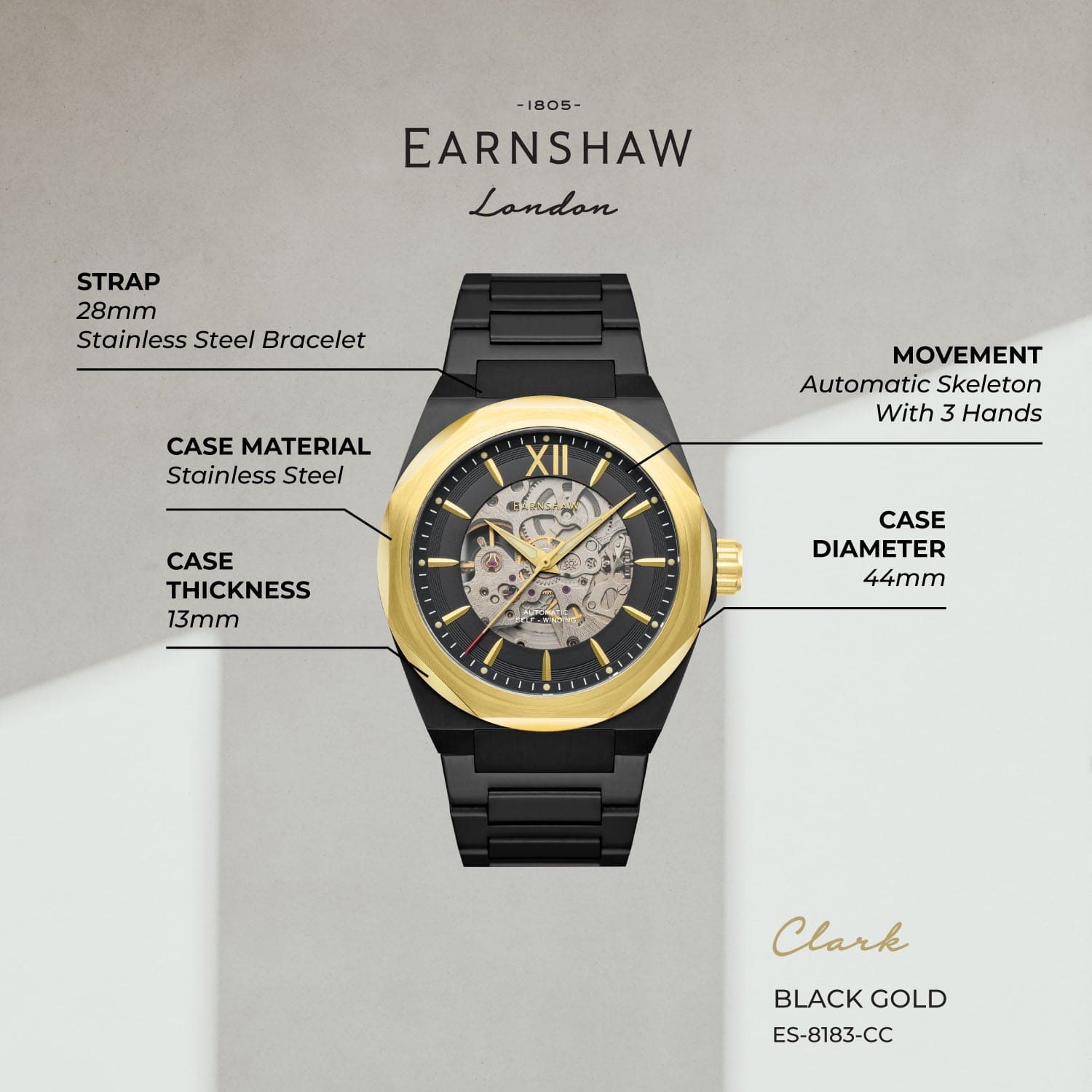 Earnshaw Automatic Skeleton Men's Watch - ES-8183-CC
