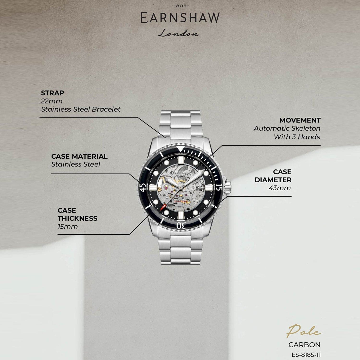 Earnshaw Admiral Pole Skeleton Automatic Men's Watch -  ES-8185-11