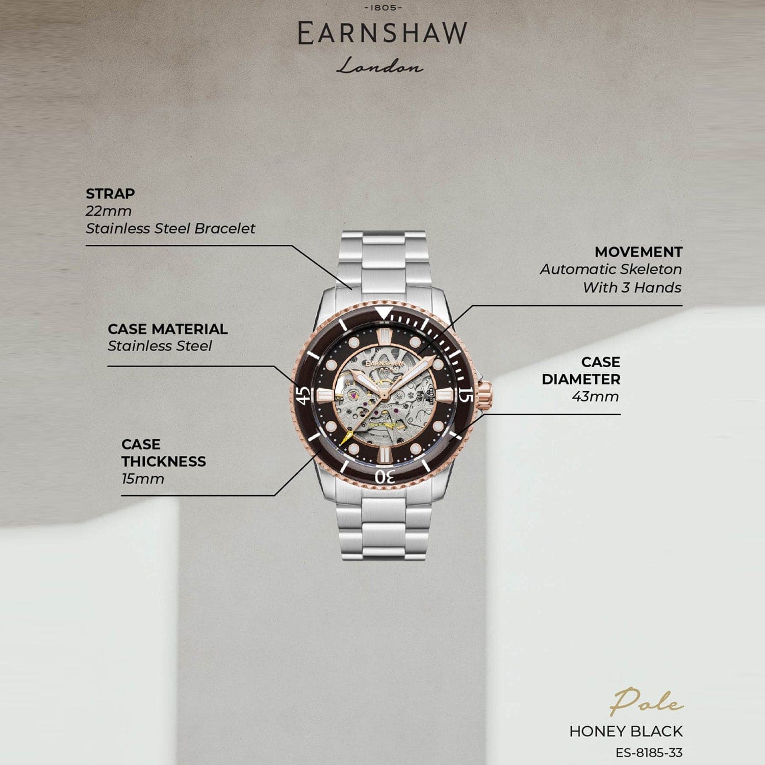 Earnshaw Admiral Pole Skeleton Automatic Men's Watch -  ES-8185-33