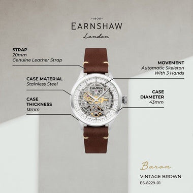 Earnshaw Limited Edition Automatic Skeleton 72 Hours Power Reserve Men's Watch - ES-8229-01