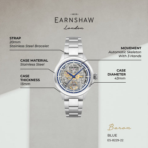 Earnshaw Limited Edition Automatic Skeleton 72 Hours Power Reserve Men's Watch - ES-8229-22