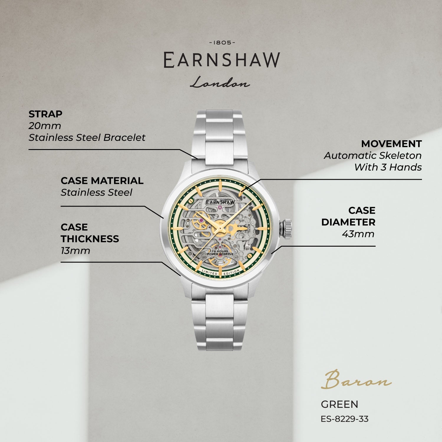 Earnshaw Limited Edition Automatic Skeleton 72 Hours Power Reserve Men's Watch - ES-8229-33