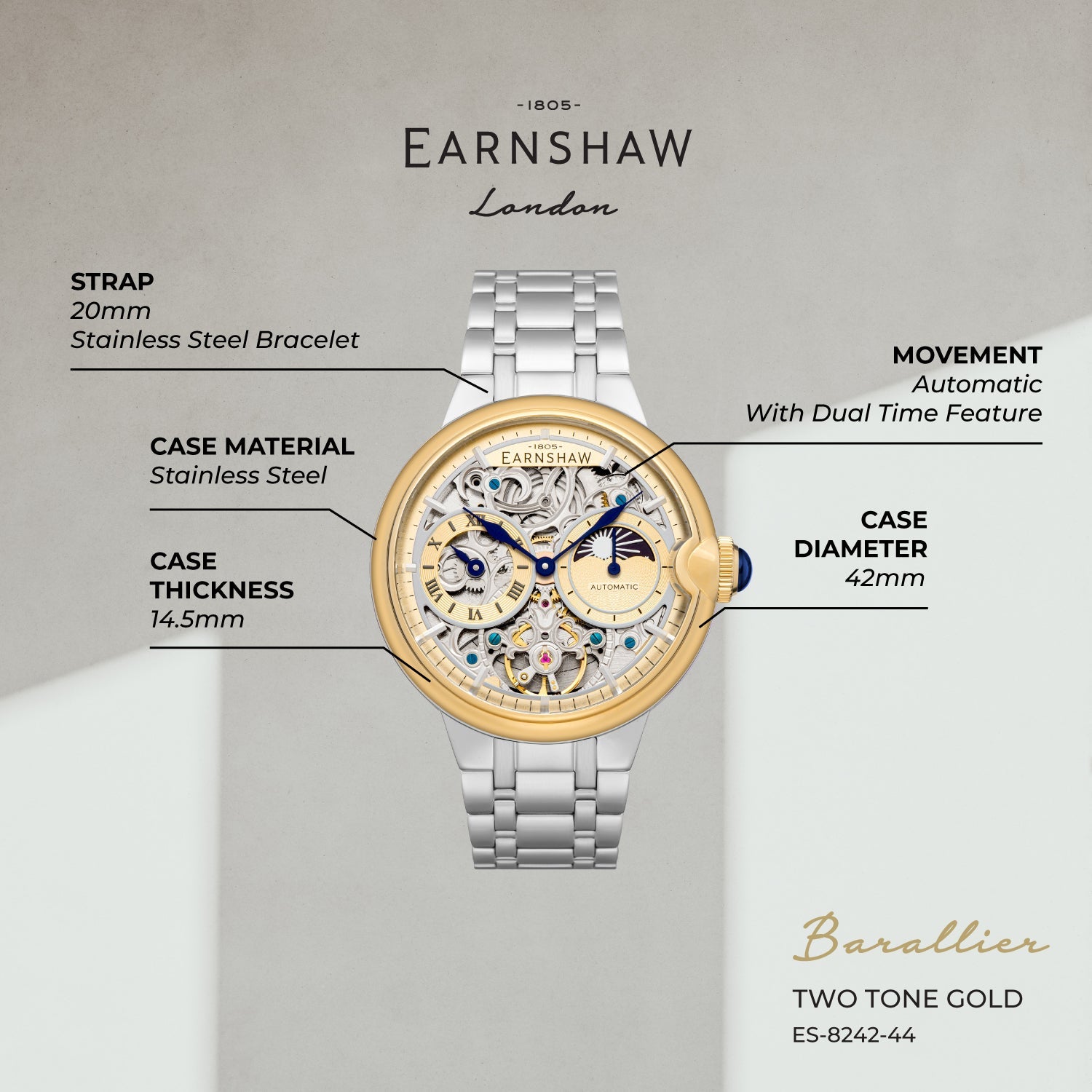 Earnshaw Barallier Dual Time Men's Watch -  ES-8242-44
