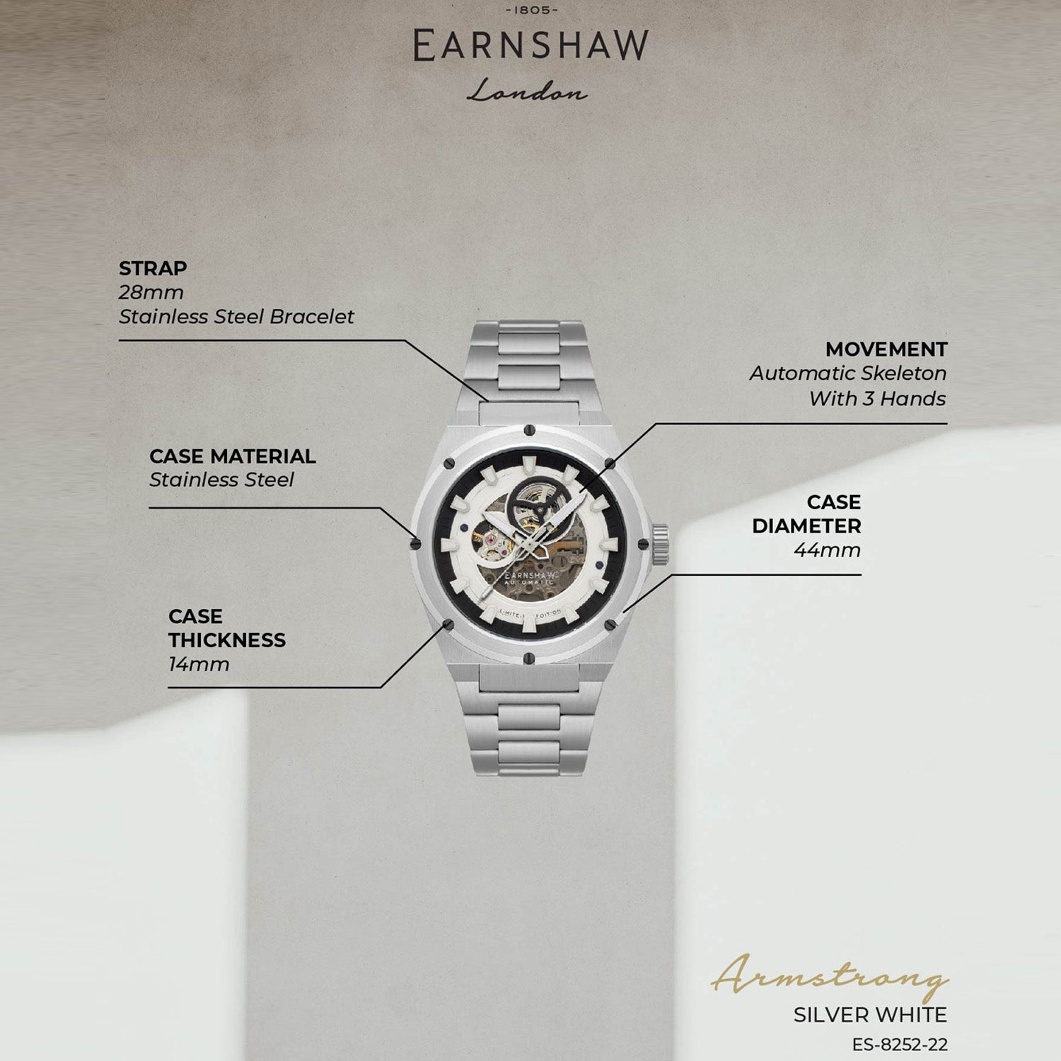 Earnshaw Armstrong Open Heart Automatic Men's Watch -  ES-8252-22