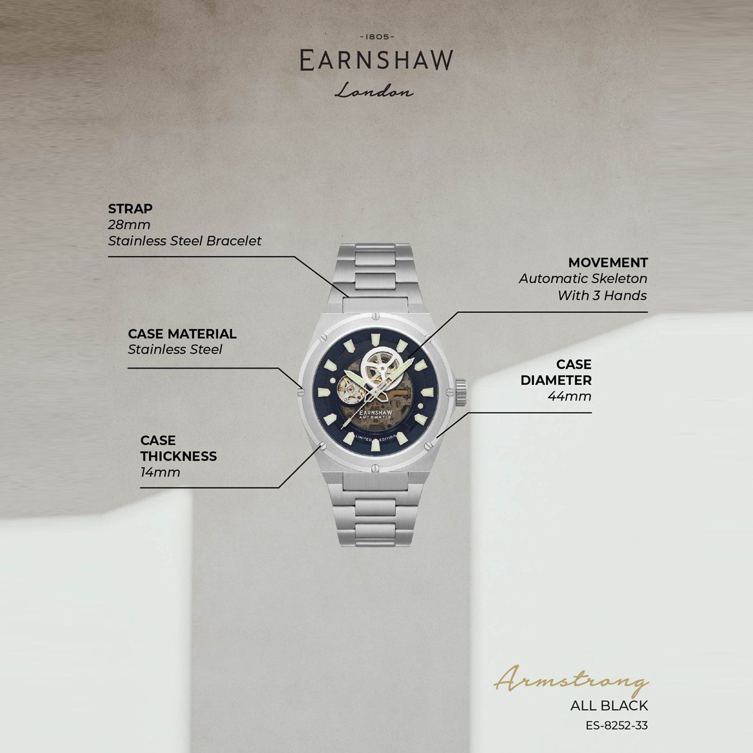 Earnshaw Armstrong Open Heart Automatic Men's Watch -  ES-8252-33