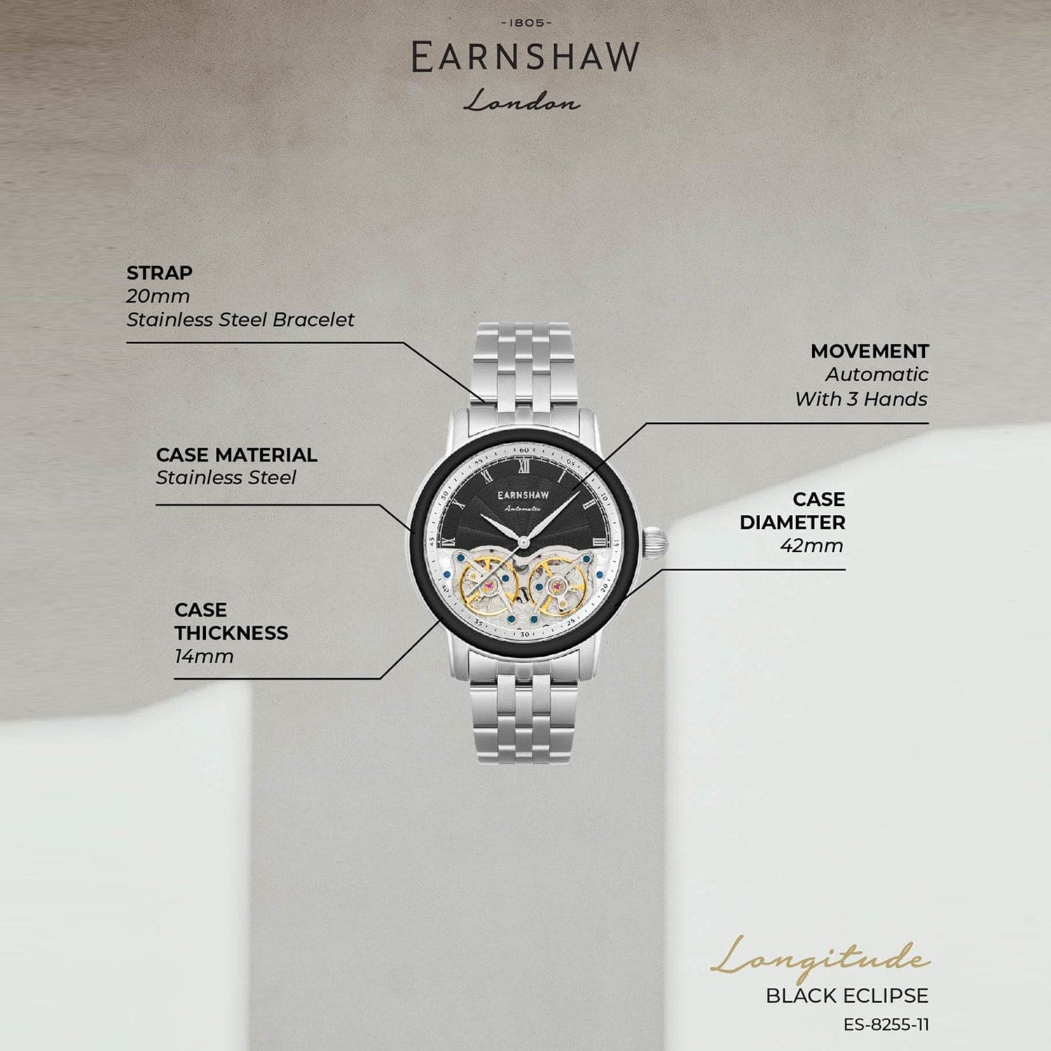 Earnshaw Longitude Double Barrel Automatic Men's Watch -  ES-8255-11
