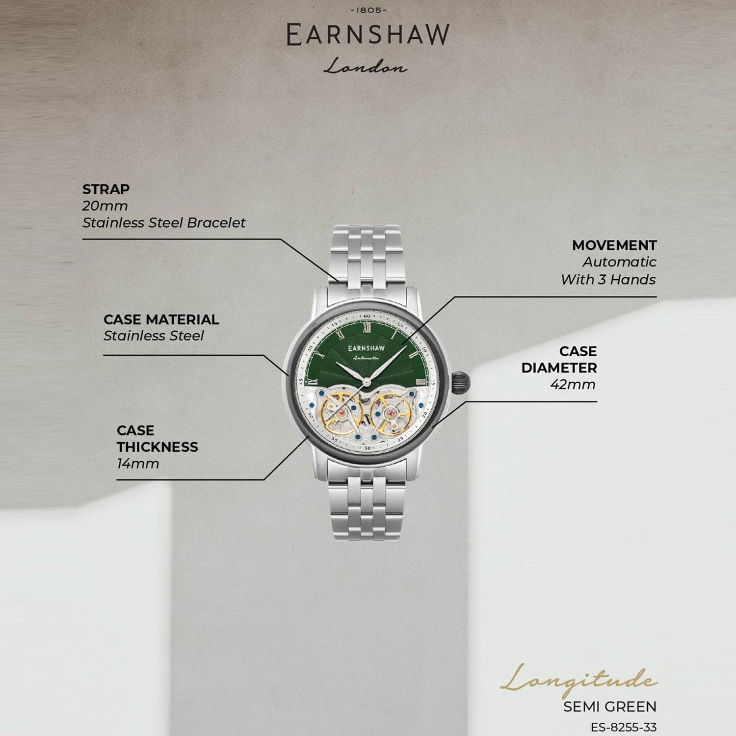 Earnshaw Longitude Double Barrel Automatic Men's Watch -  ES-8255-33