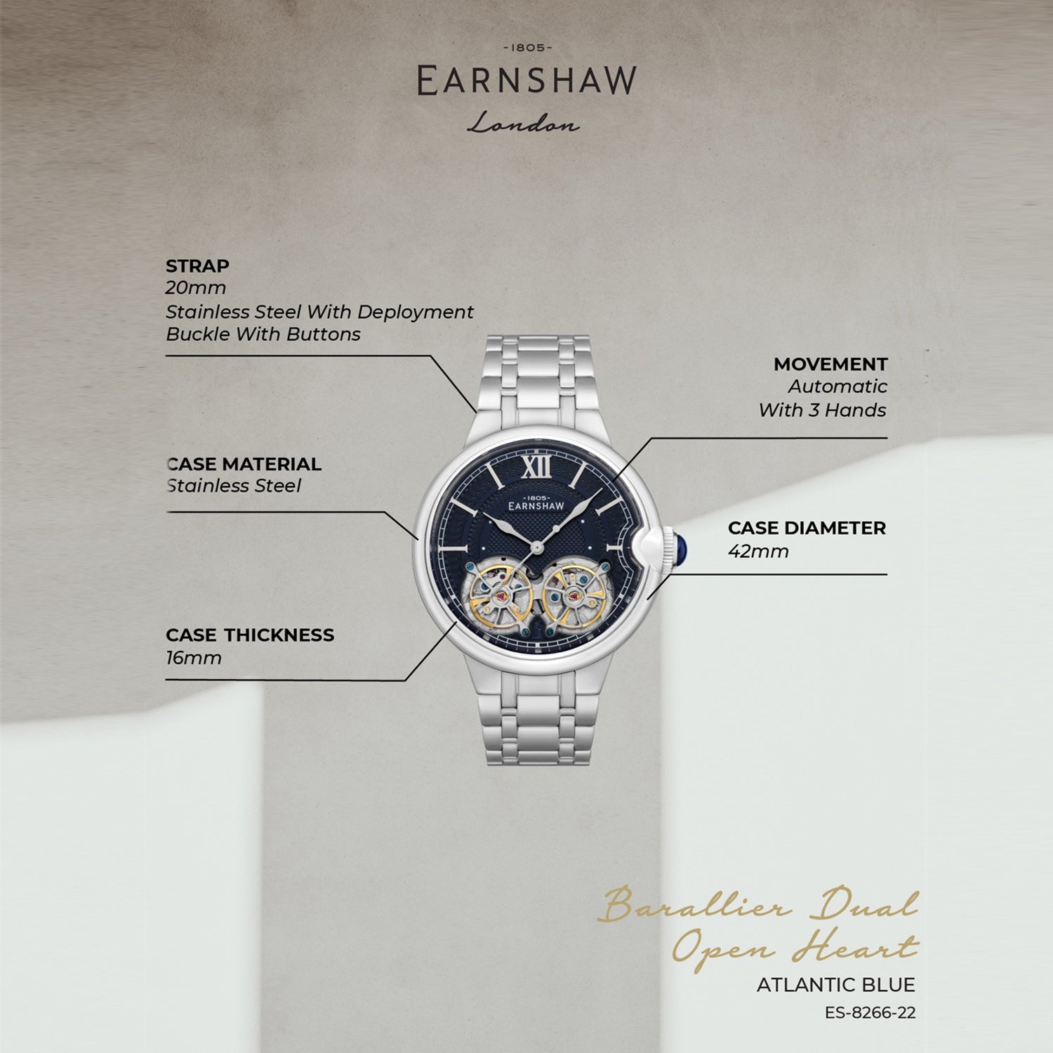 Earnshaw Barralier Double Heart Automatic Men's Watch -  ES-8266-22