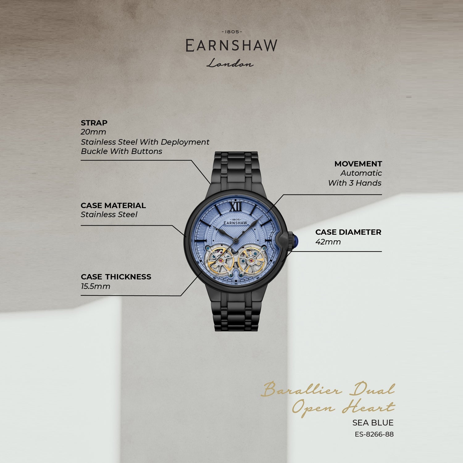 Earnshaw Barralier Double Heart Automatic Men's Watch -  ES-8266-88