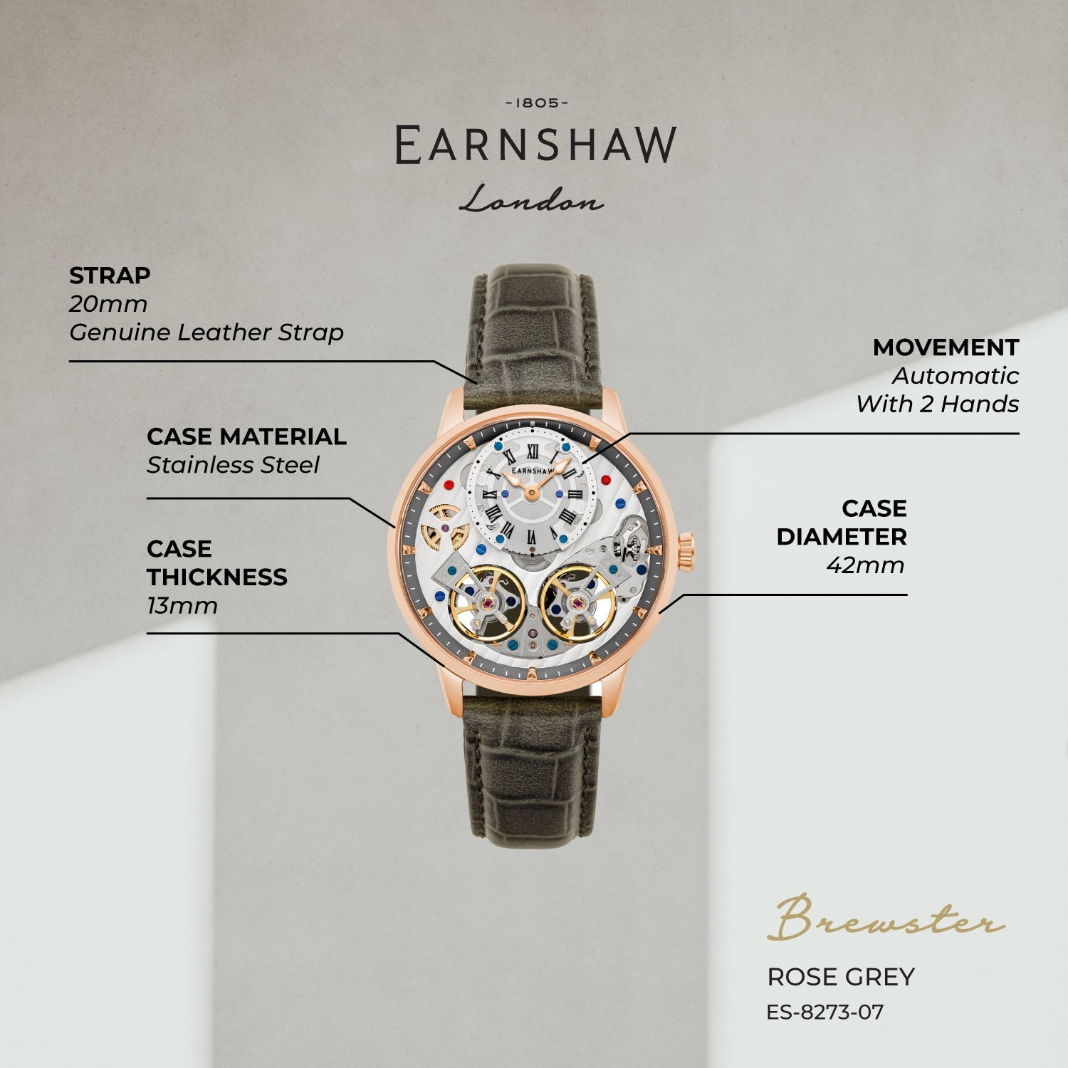 Earnshaw Brewster Double Barrel Automatic Men's Watch -  ES-8273-07