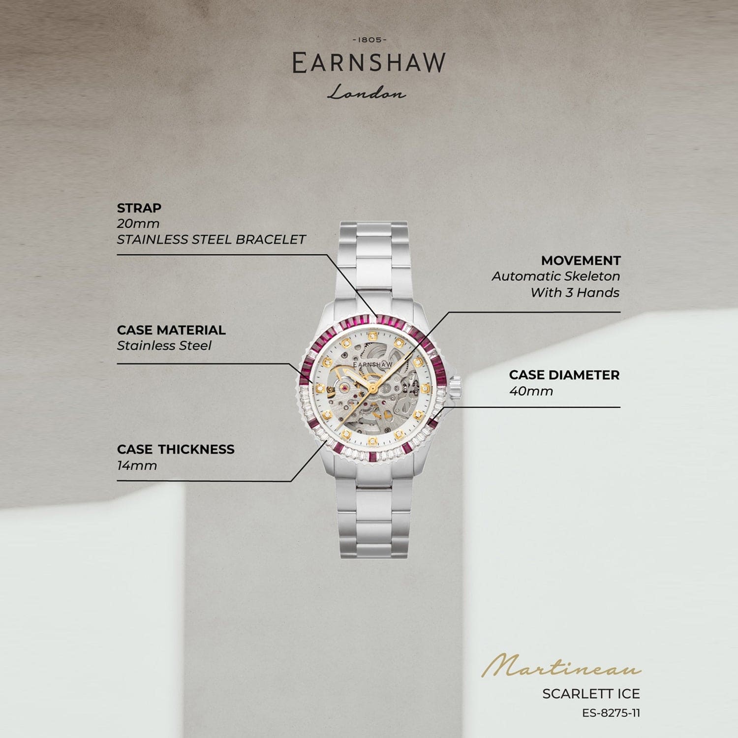 Earnshaw Ladies Martineau Automatic Skeleton Women's Watch -  ES-8275-11