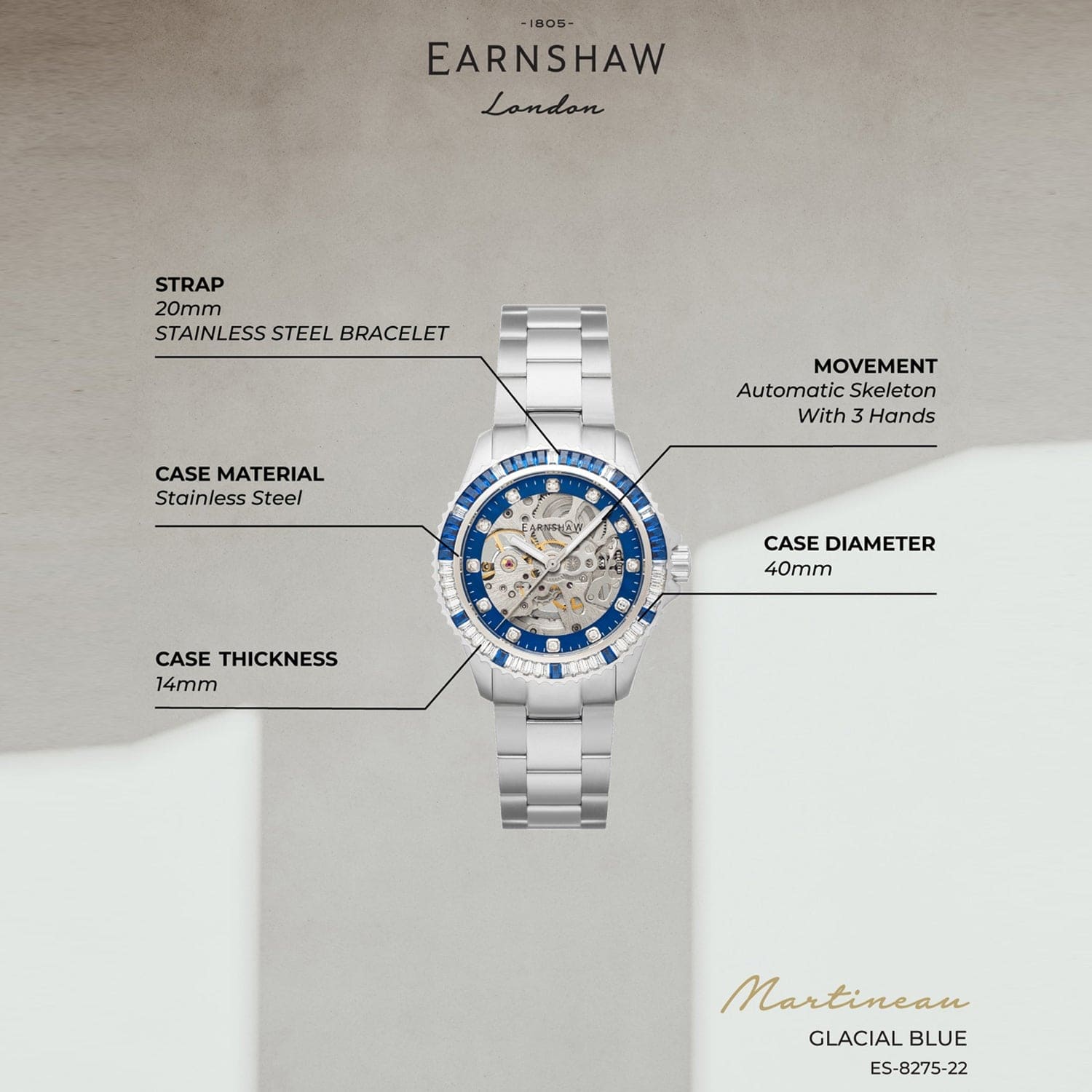 Earnshaw Ladies Martineau Automatic Skeleton Women's Watch -  ES-8275-22