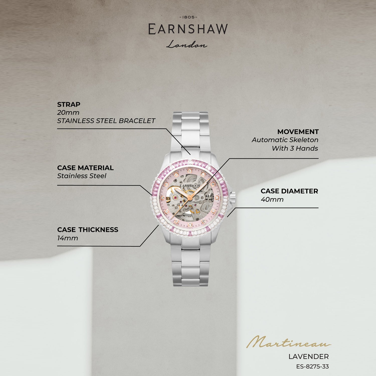 Earnshaw Ladies Martineau Automatic Skeleton Women's Watch -  ES-8275-33