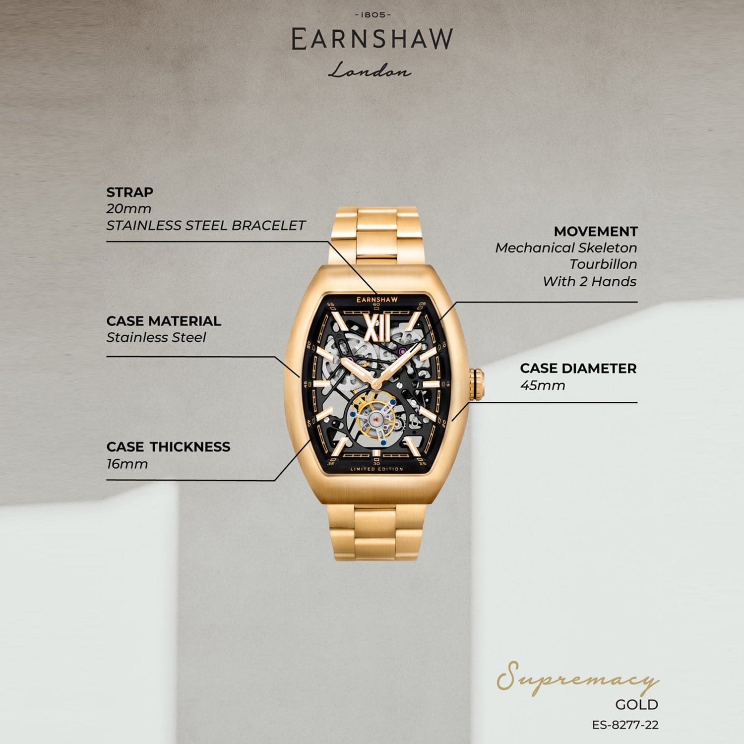 Earnshaw Supremacy Tourbillon Automatic Men's Watch -  ES-8277-22
