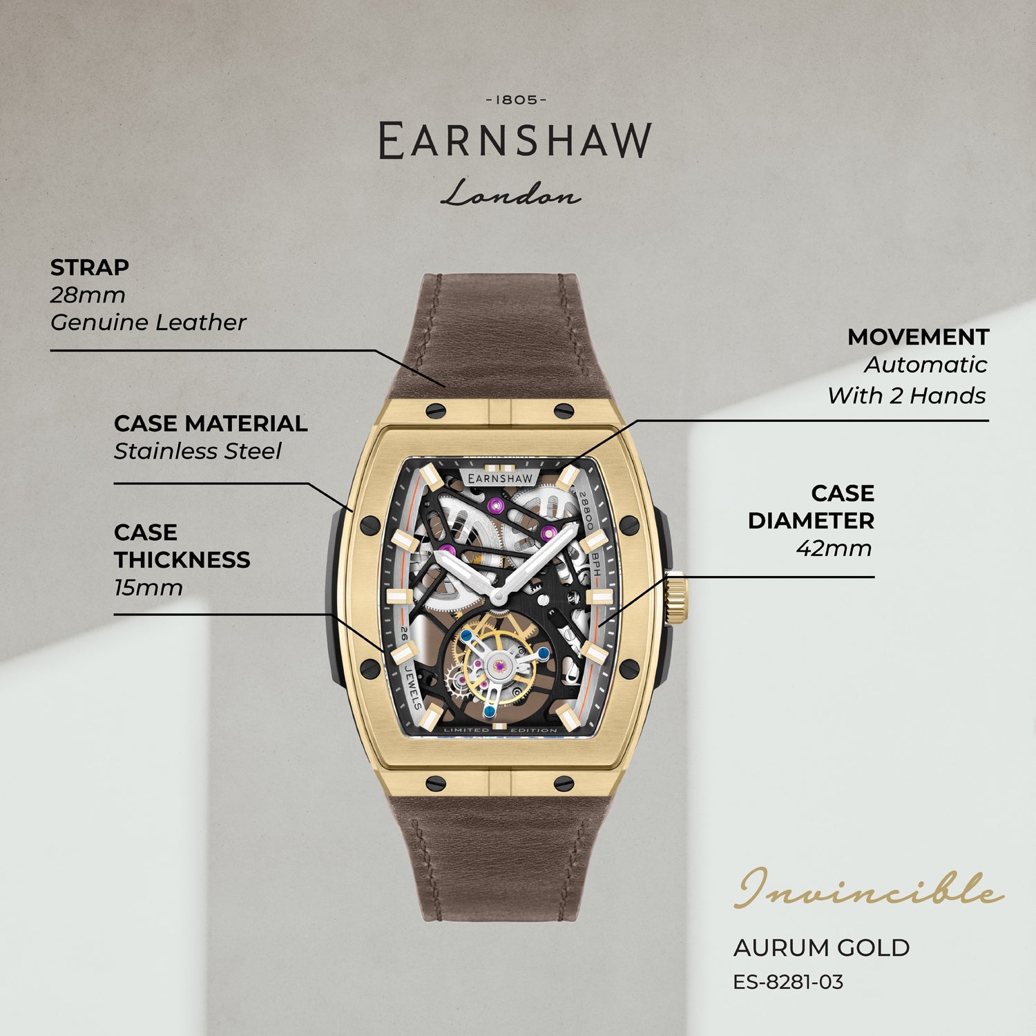 Earnshaw Invincible Limited Edition Tourbillon Automatic Men's Watch - ES-8281-03