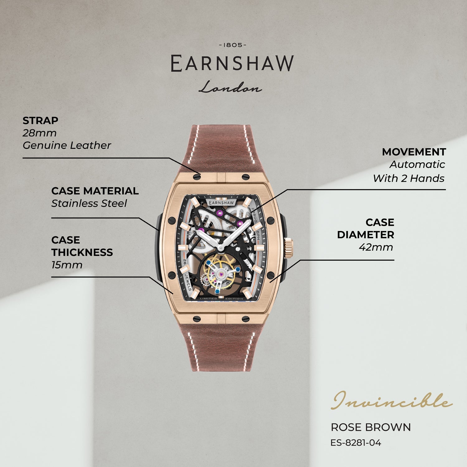 Earnshaw Invincible Limited Edition Tourbillon Automatic Men's Watch - ES-8281-04