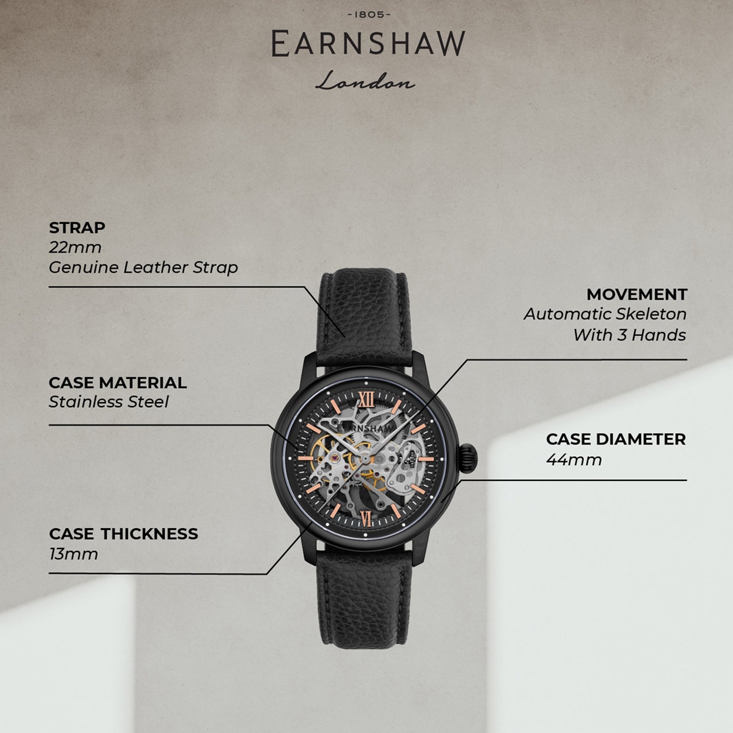 Earnshaw Cornwall Skeleton Automatic Men's Watch -  ES-8290-06