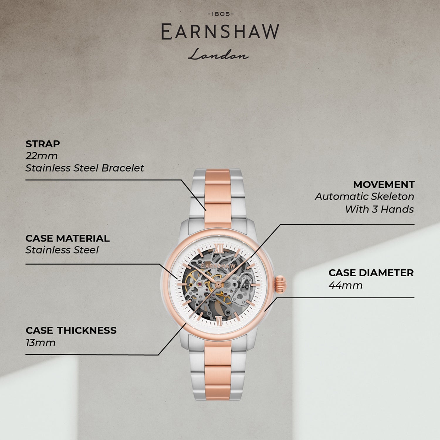 Earnshaw Cornwall Skeleton Automatic Men's Watch -  ES-8290-44