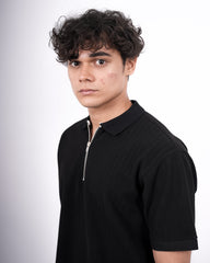 SEW MUCH LEWKS Zip Textured Polo - Black