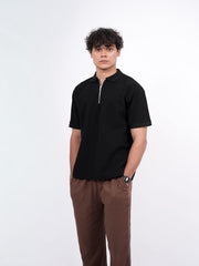 SEW MUCH LEWKS Zip Textured Polo - Black