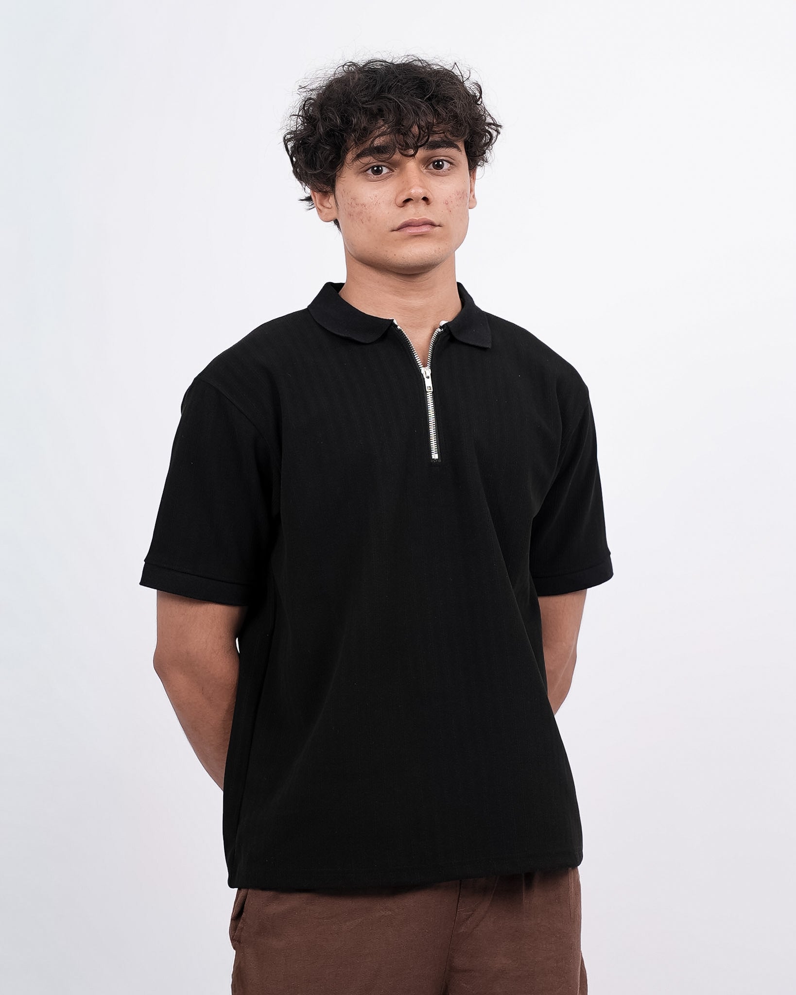 SEW MUCH LEWKS Zip Textured Polo - Black